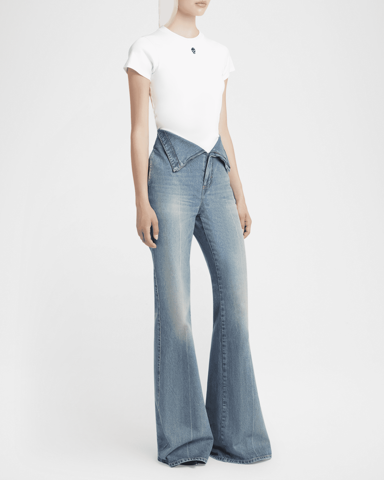 McQueen Foldover-Waist Denim Flare Trousers | Neiman Marcus