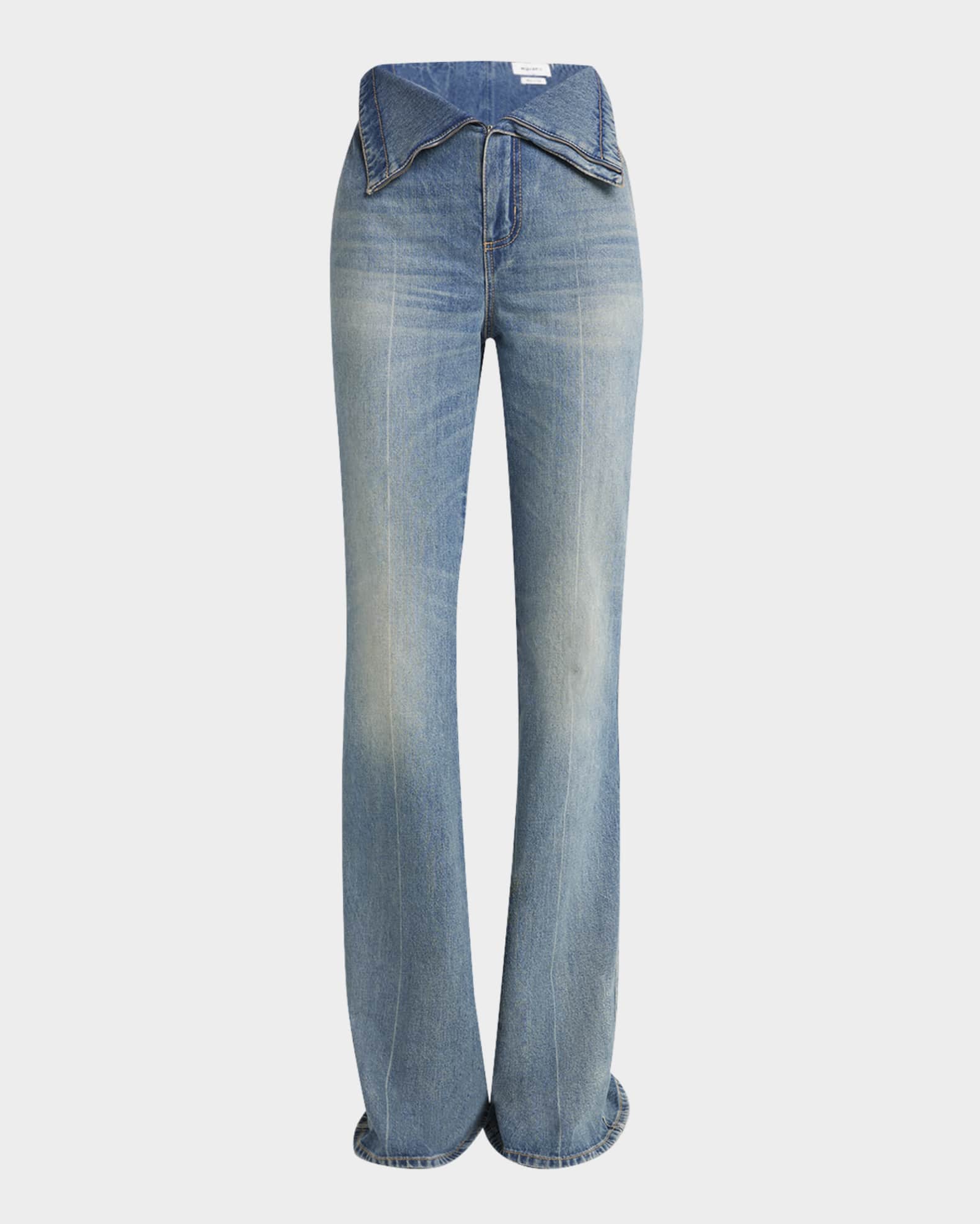 McQueen Foldover-Waist Denim Flare Trousers | Neiman Marcus