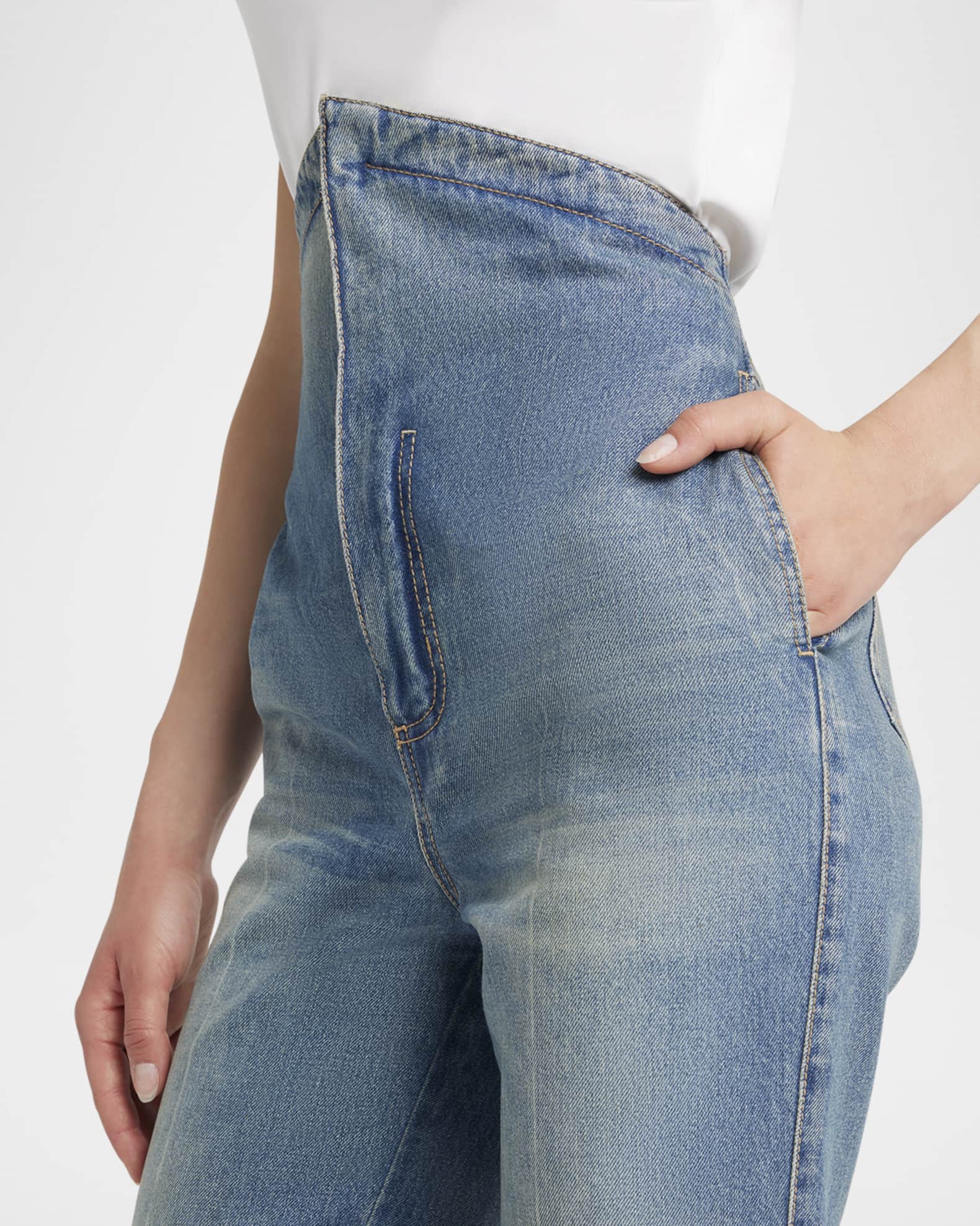 McQueen Foldover-Waist Denim Flare Trousers | Neiman Marcus