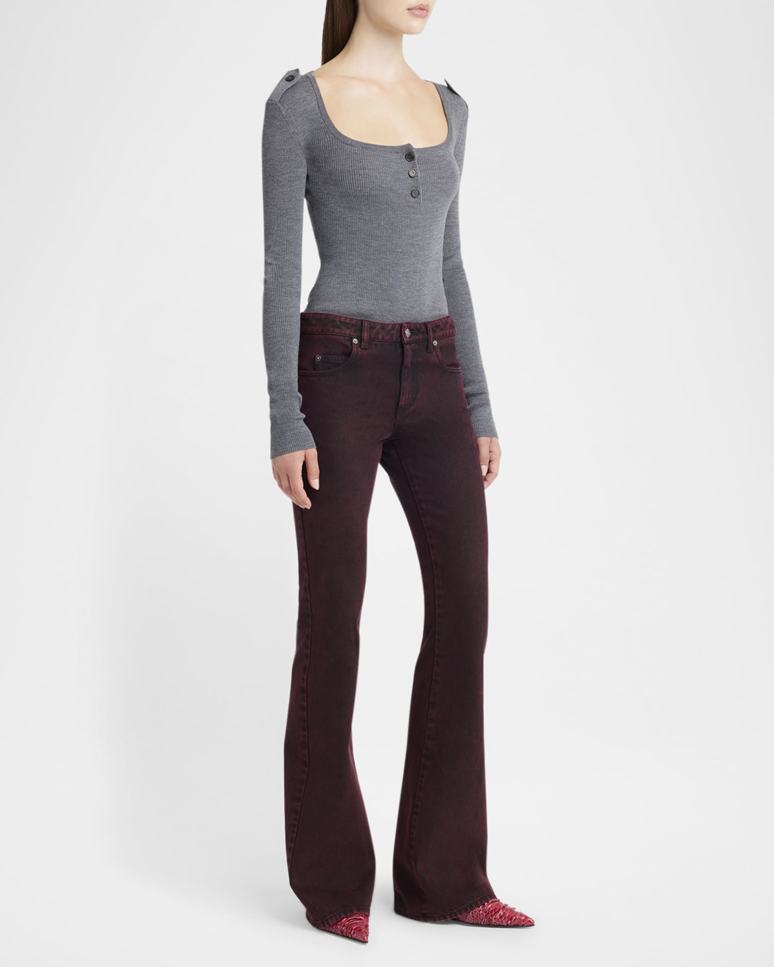 Low-Rise Red-Wash Denim Flare Trousers 1