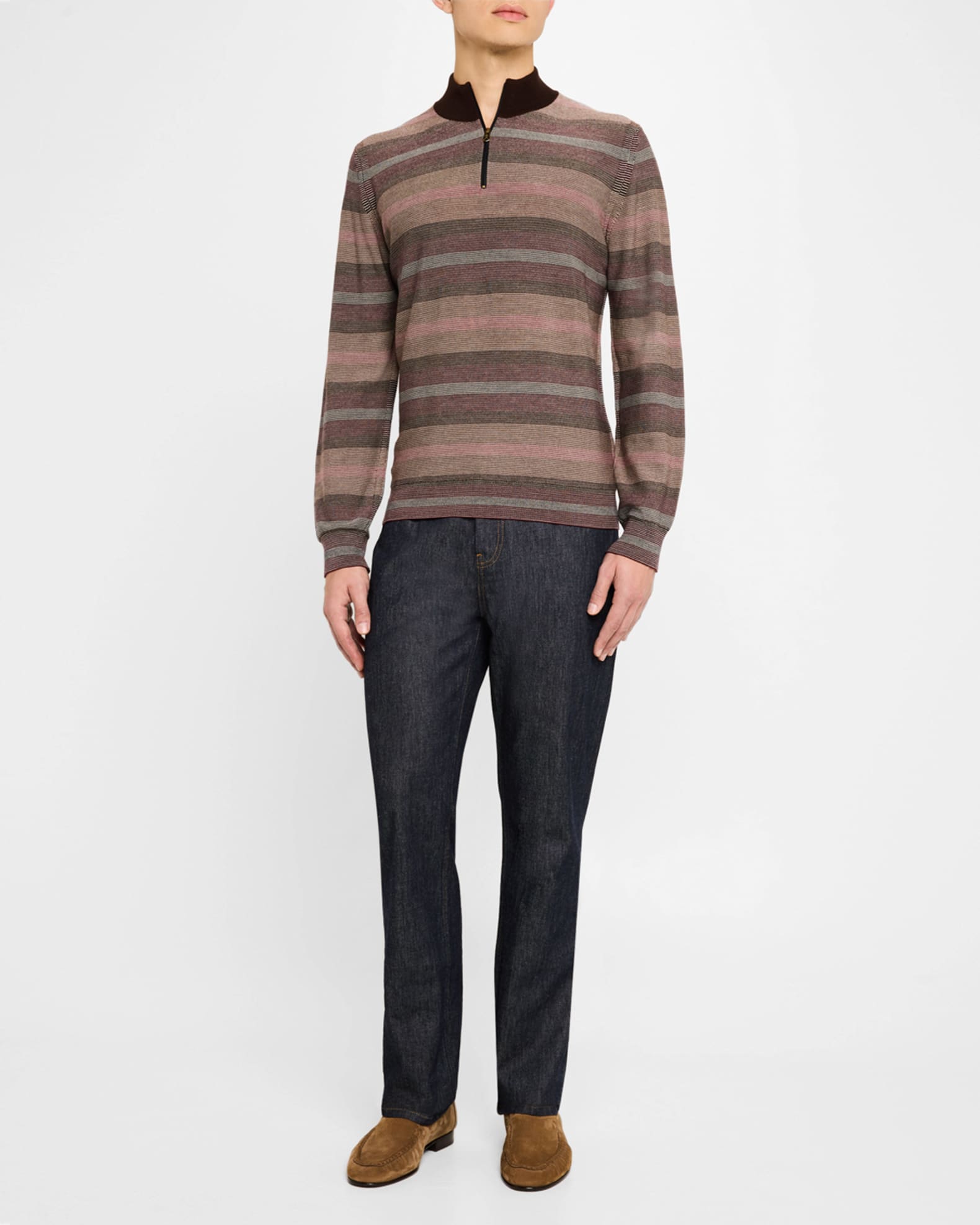Men's Cotton and Wool Multi-Stripe Quarter-Zip Sweater 1