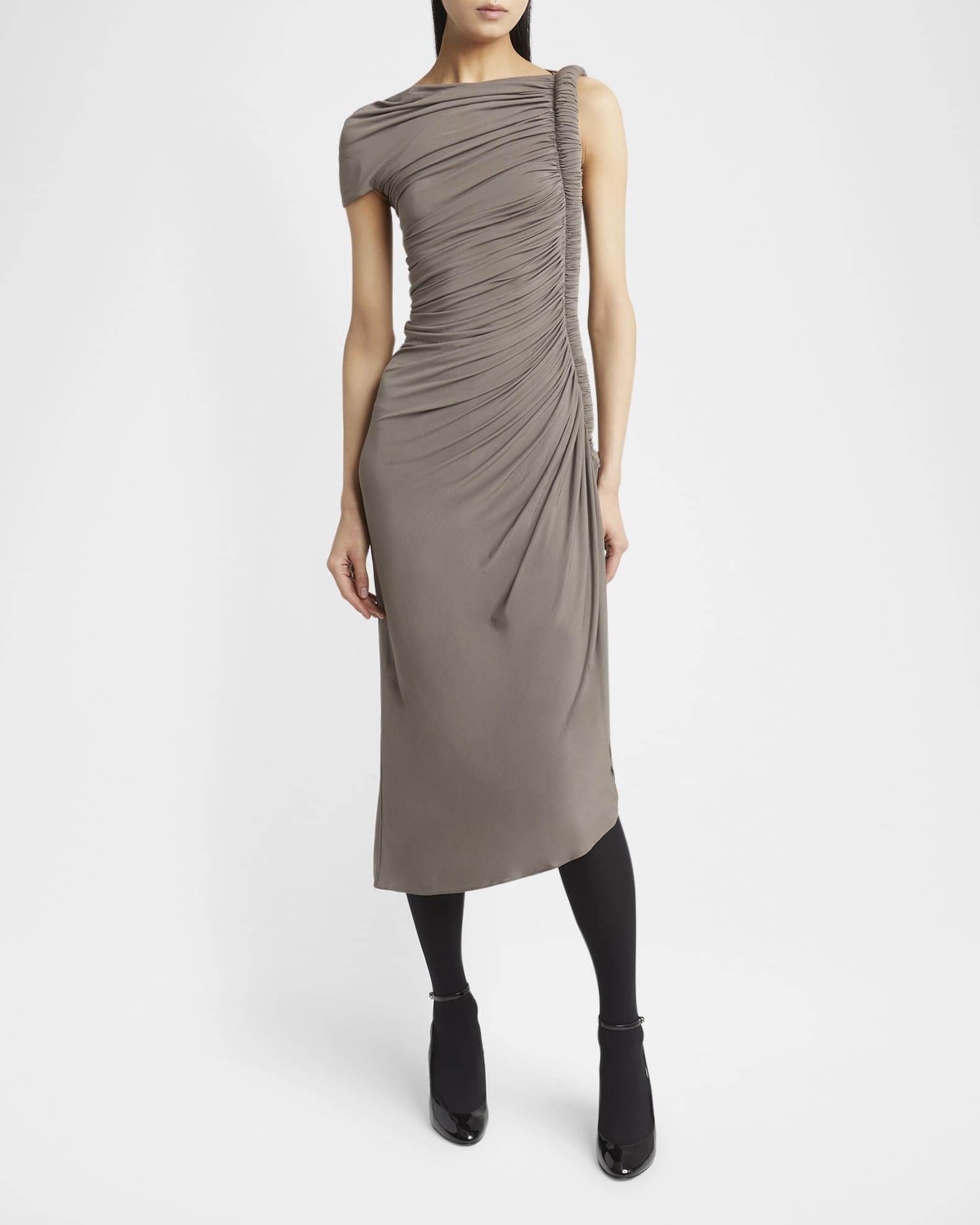 ALAIA Asymmetric Ruched Off-Shoulder Midi Dress | Neiman Marcus