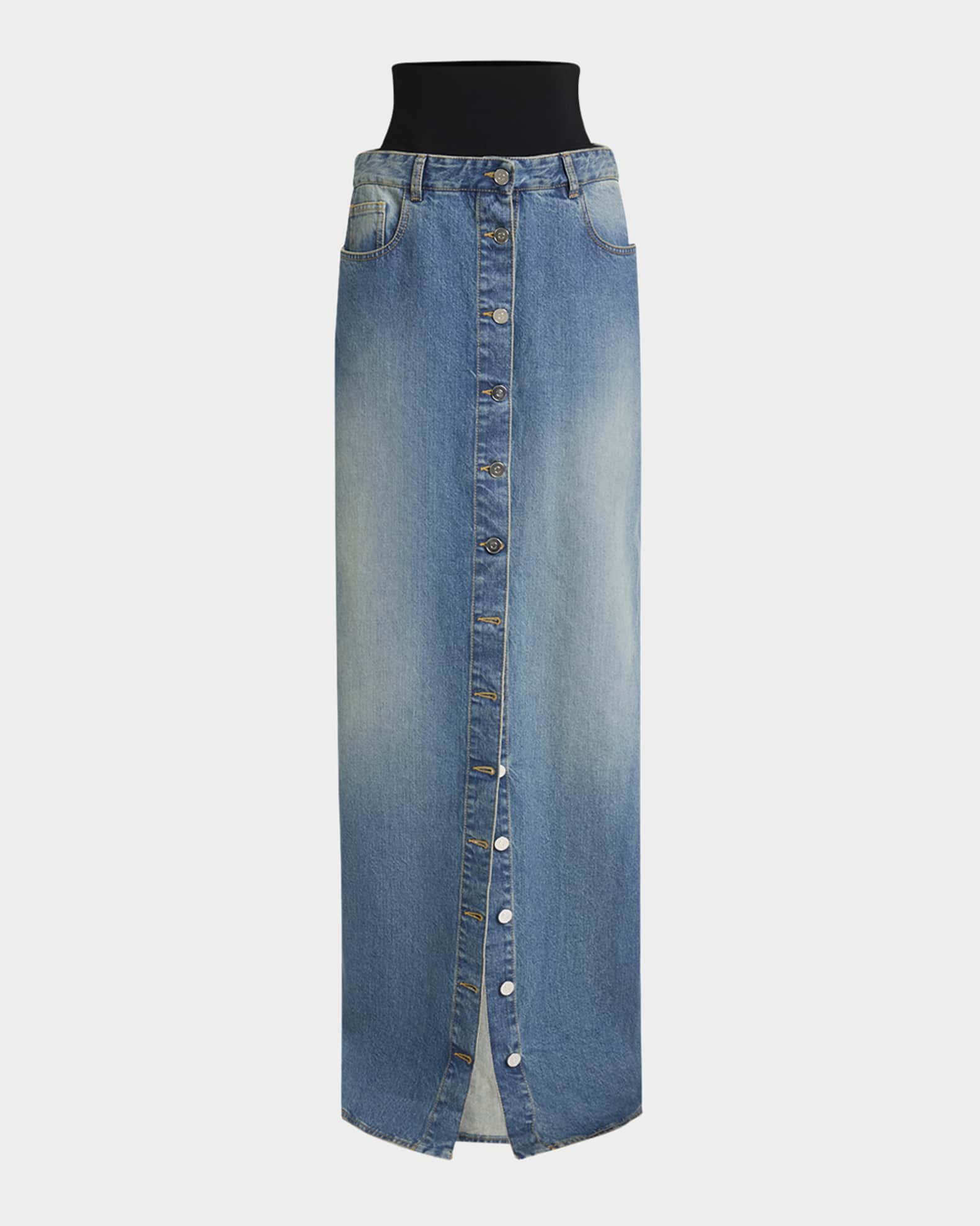 ALAIA Knit Waistband Pillar Long Denim Skirt | Neiman Marcus