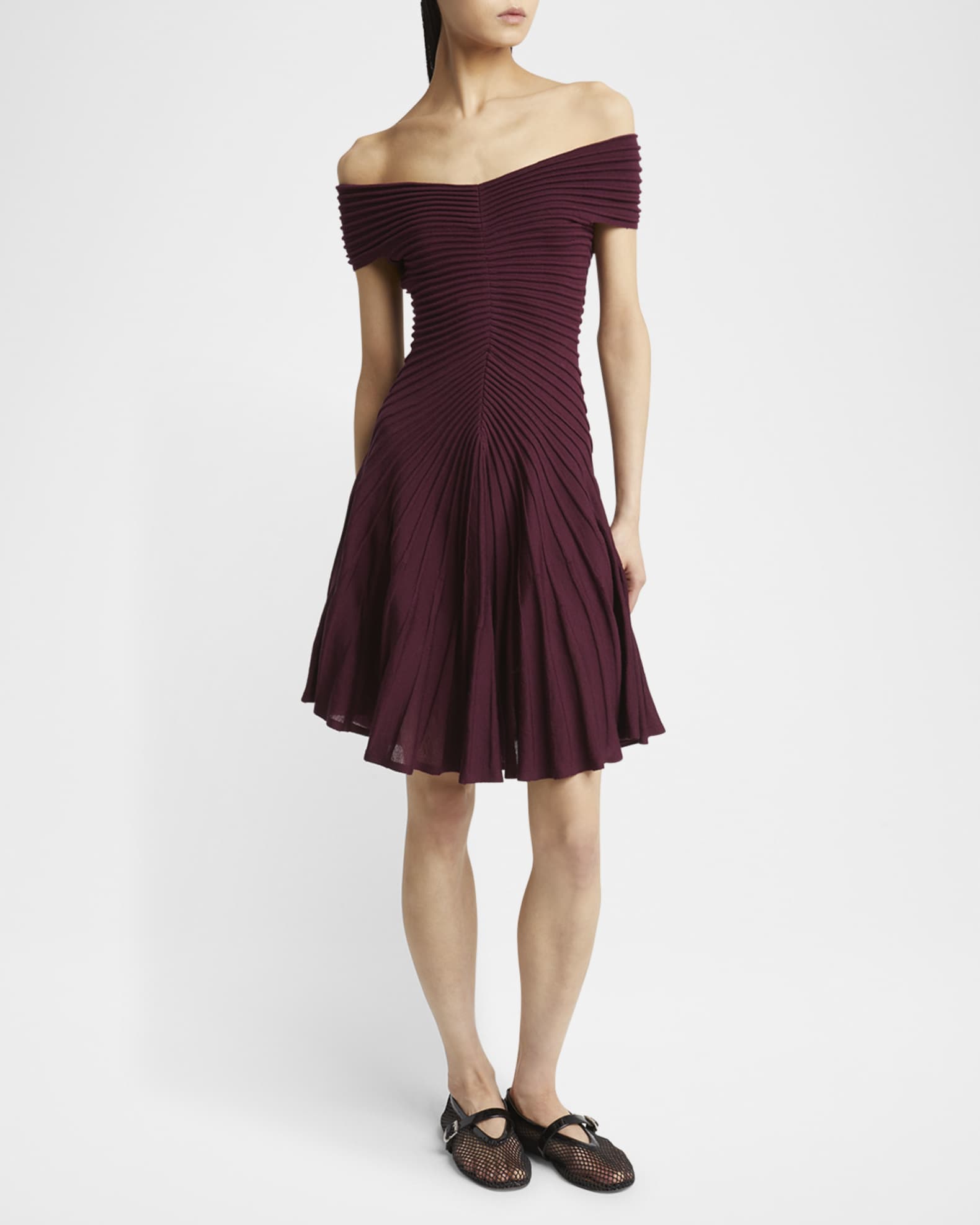 ALAIA Off-Shoulder Sculpting Line Flared Wool Mini Dress