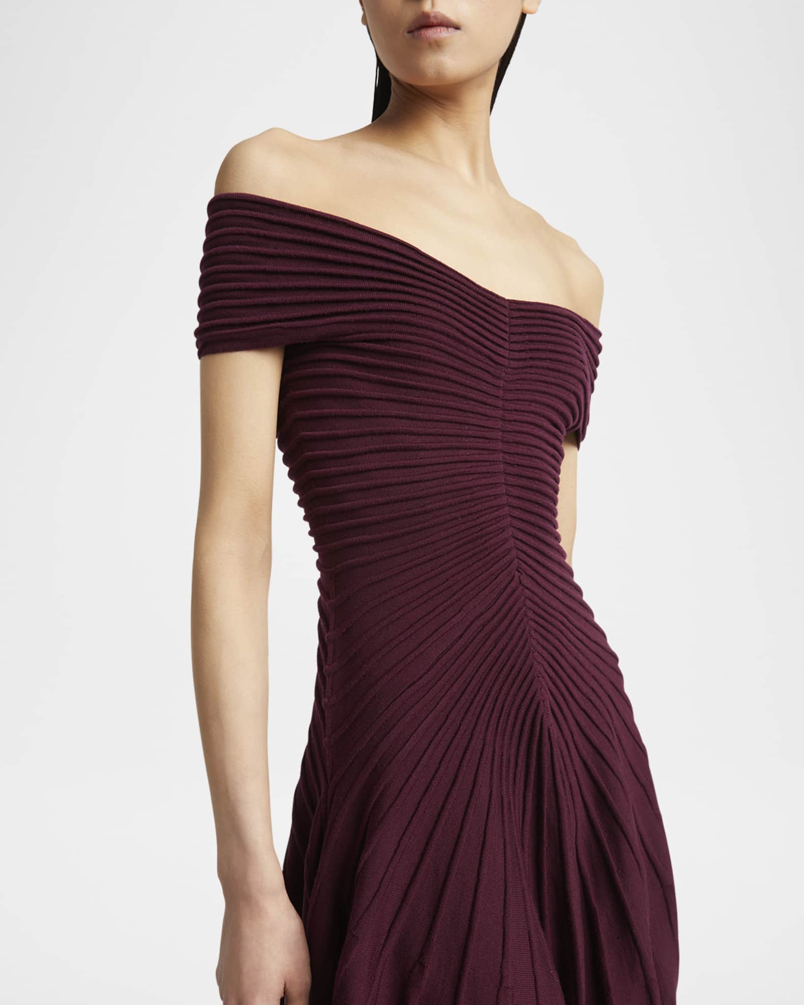 ALAIA Off-Shoulder Sculpting Line Flared Wool Mini Dress