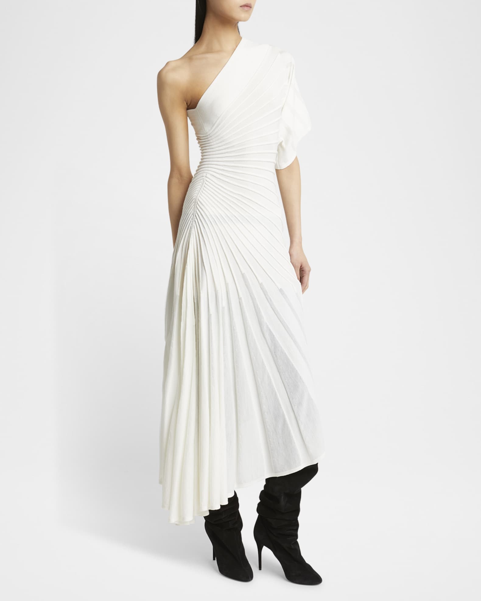 ALAIA Asymmetric Ray Ribbed One-Shoulder Midi Dress | Neiman