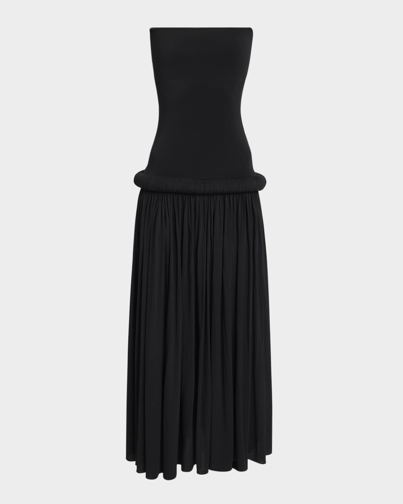 Strapless Pleated Pipe Drop-Waist Maxi Dress 0