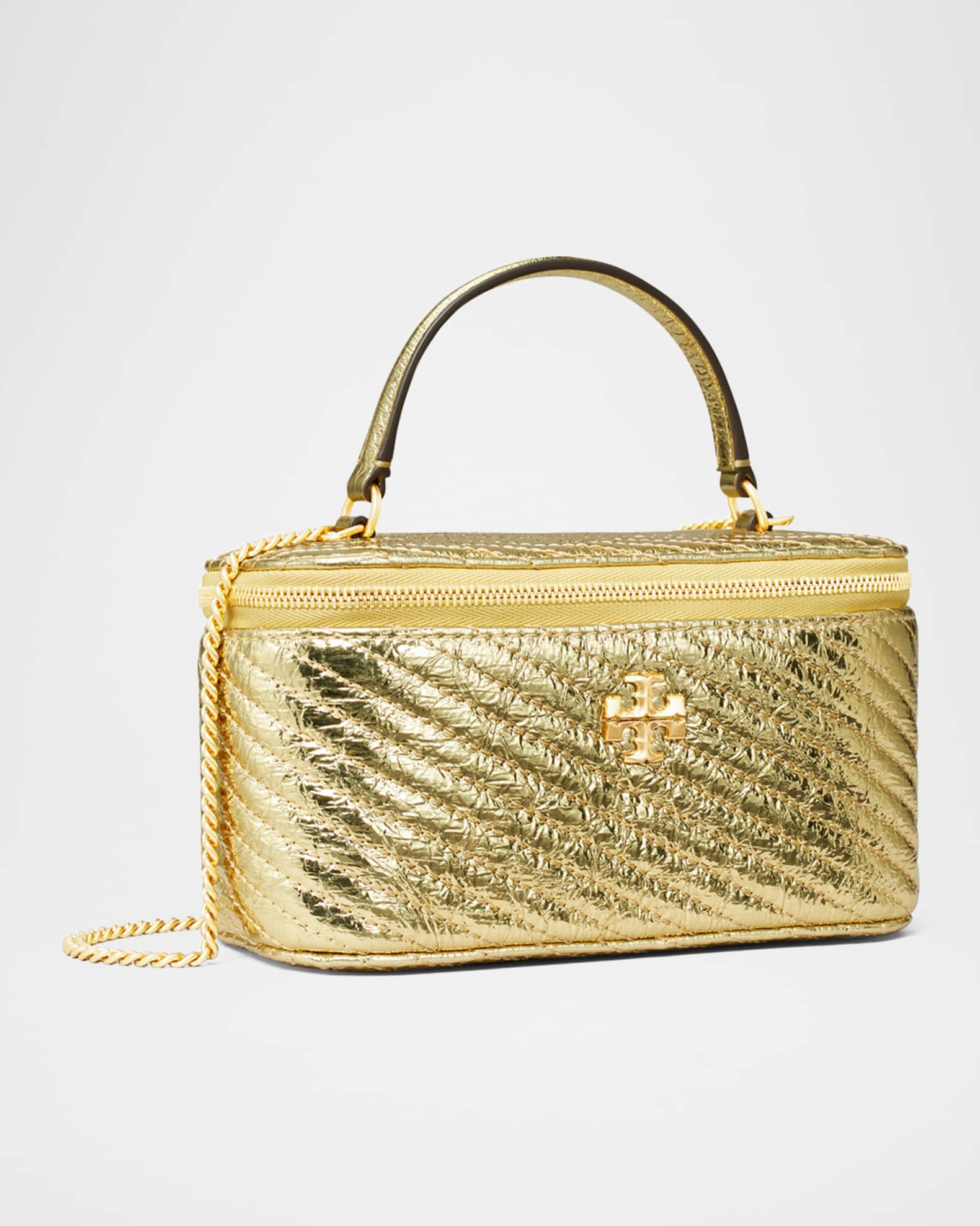 Tory Burch Kira Moto Metallic Quilted Leather Vanity Case Gold