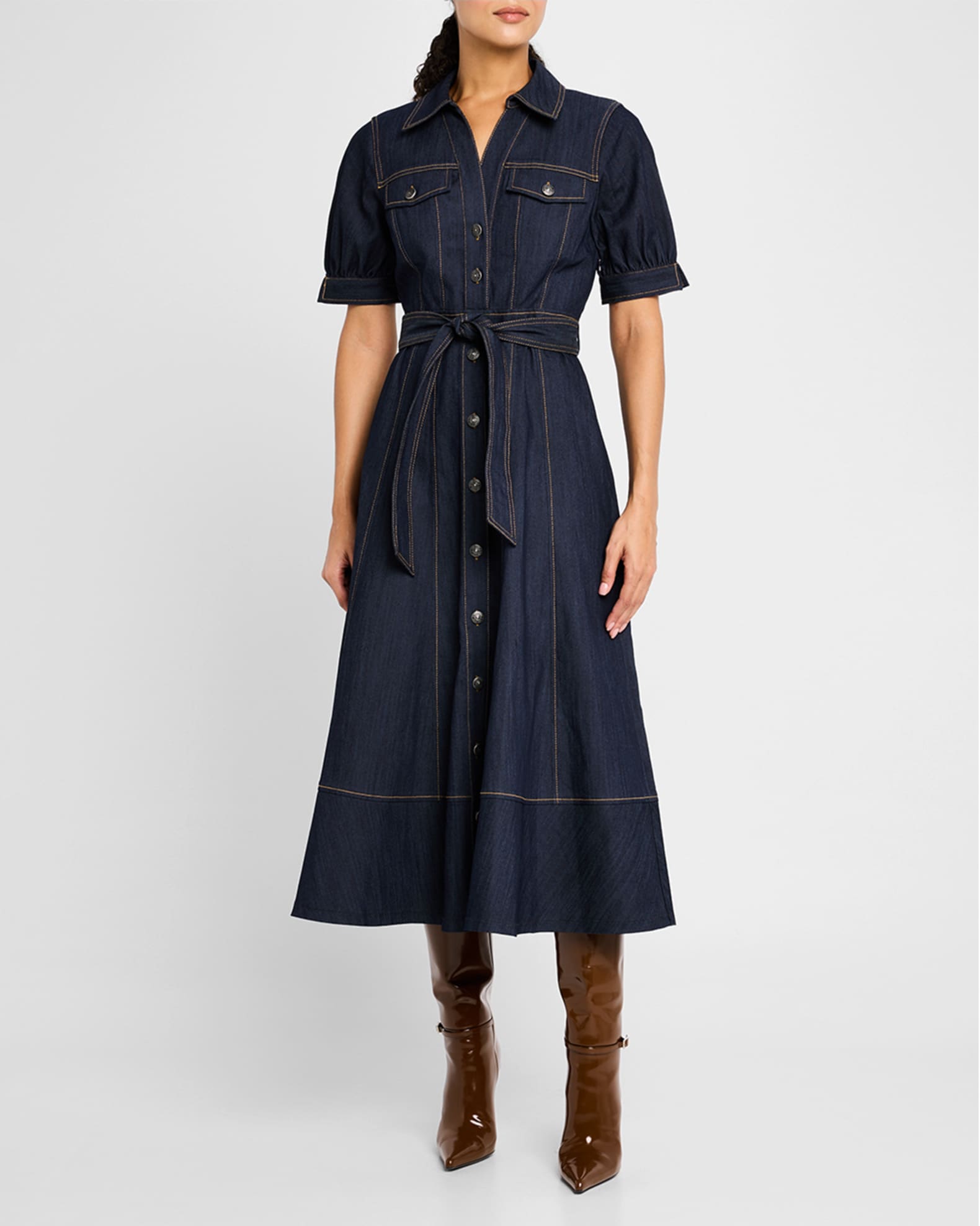 Suzie Denim Puff-Sleeve Midi Dress