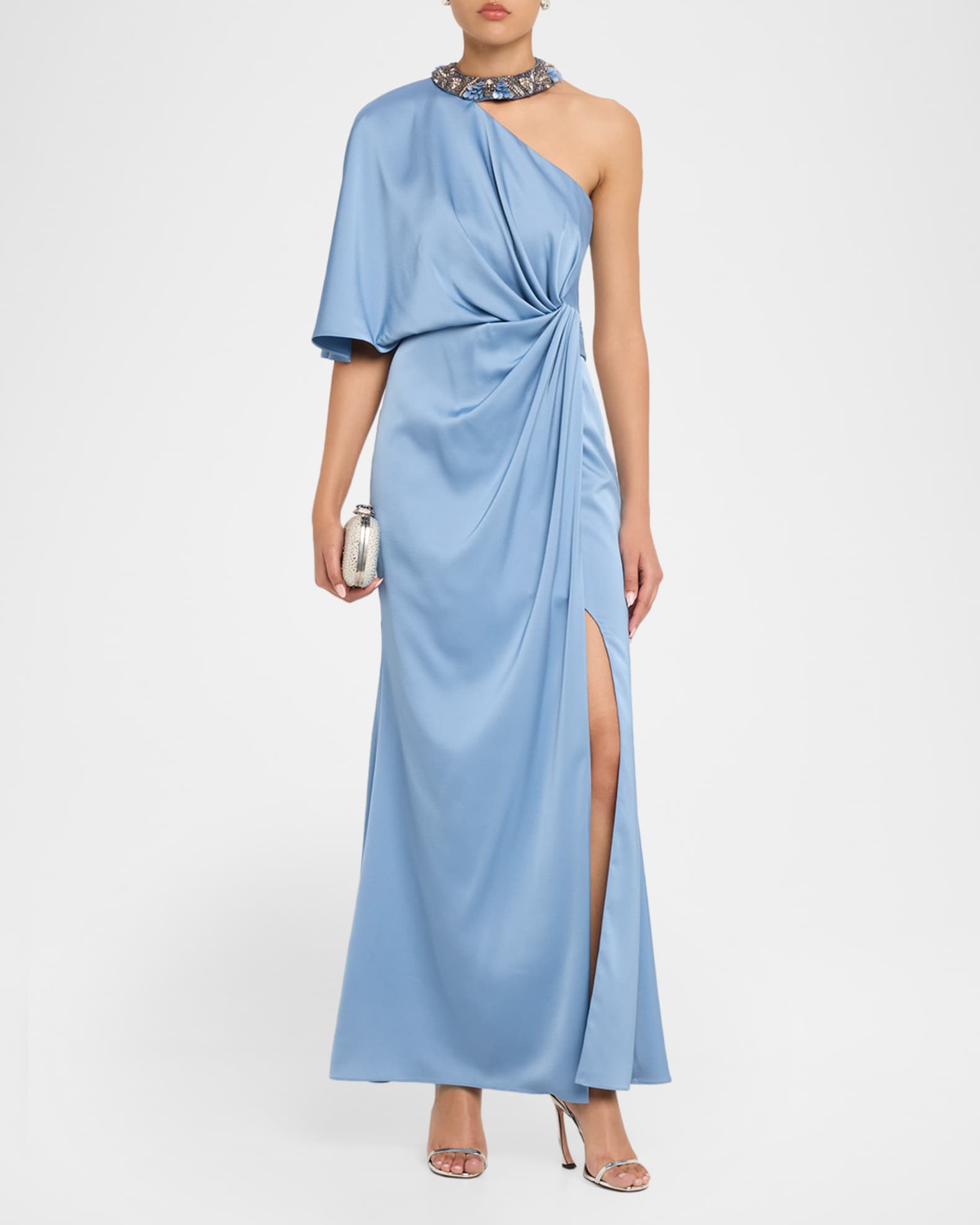 Crepe Back Satin One Shoulder Long Dress In Blue Cloud