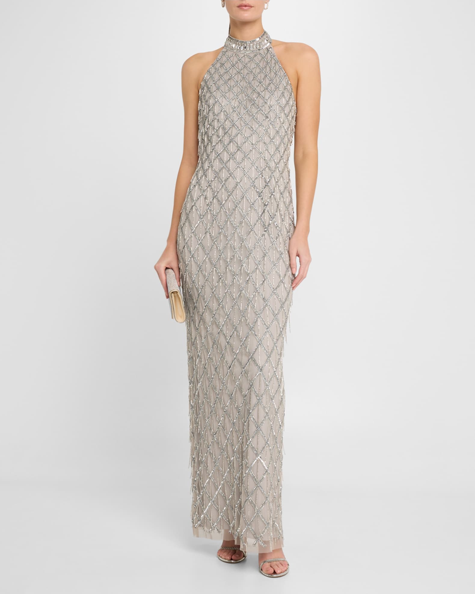 Aidan Mattox Beaded Halter Gown - Silver - 8