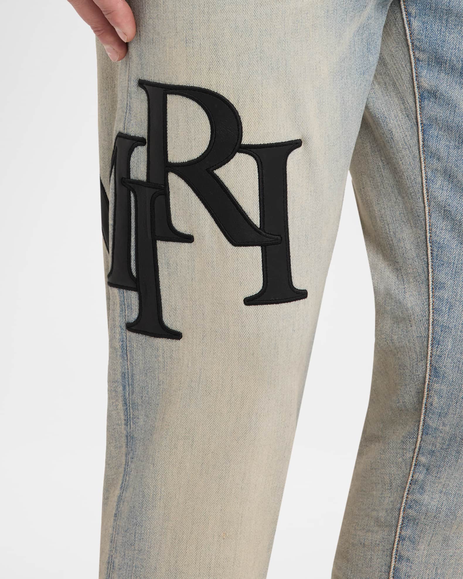 Amiri Men's Staggered Leather Logo Skinny Jeans | Neiman Marcus