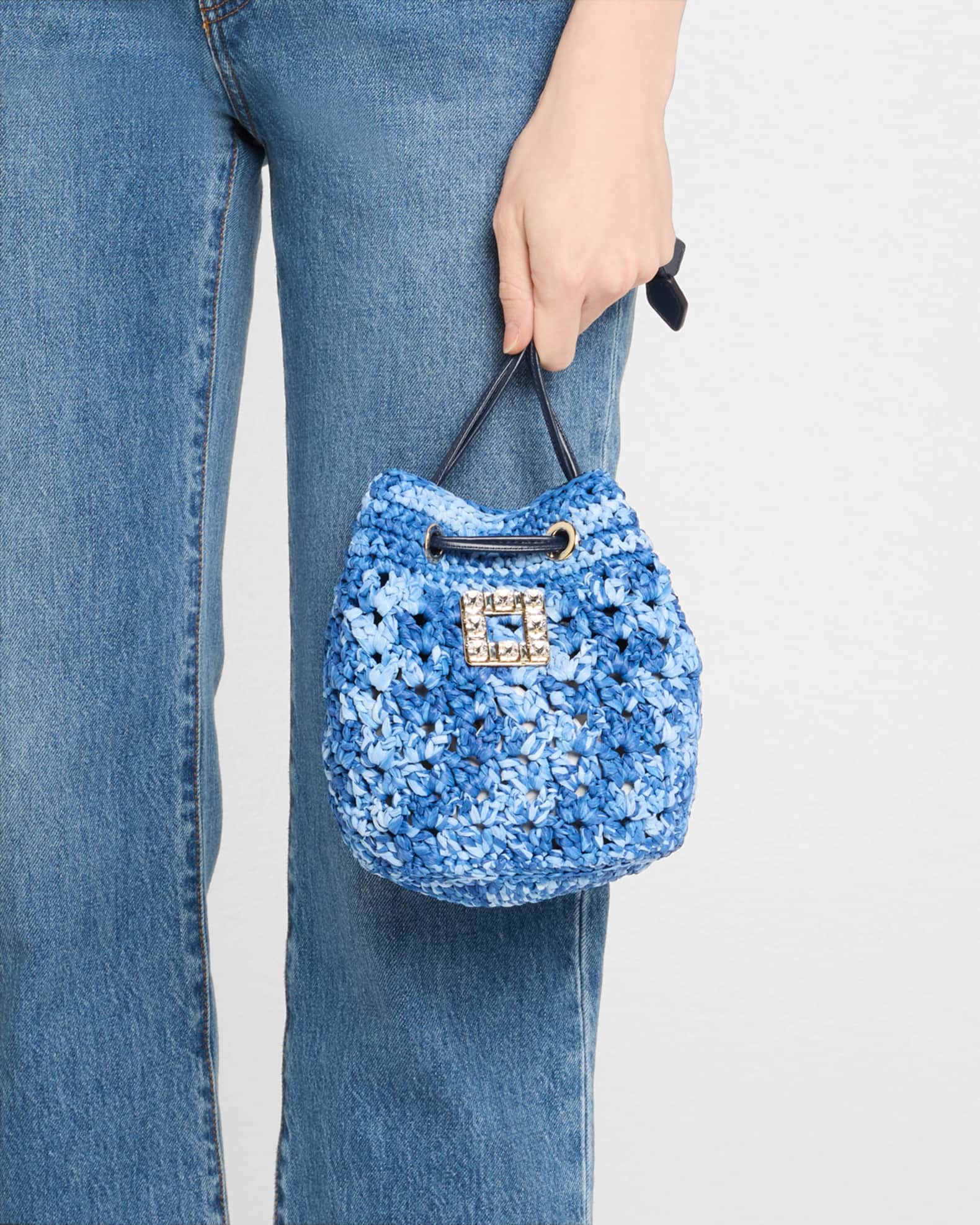 Roger Vivier Tres Vivier Buckle Raffia Bucket Bag | Neiman