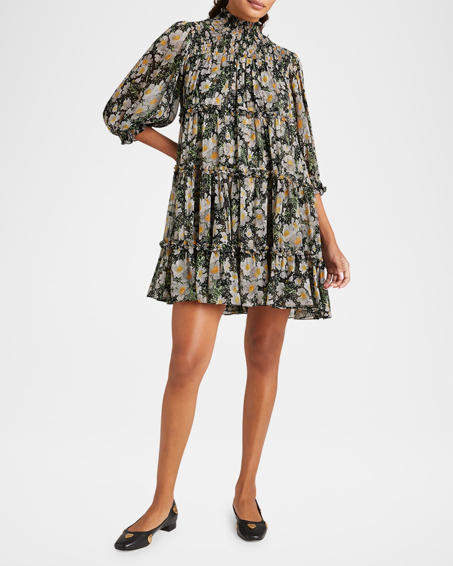 Olive Smocked Cosmo-Flower Mini Dress 1
