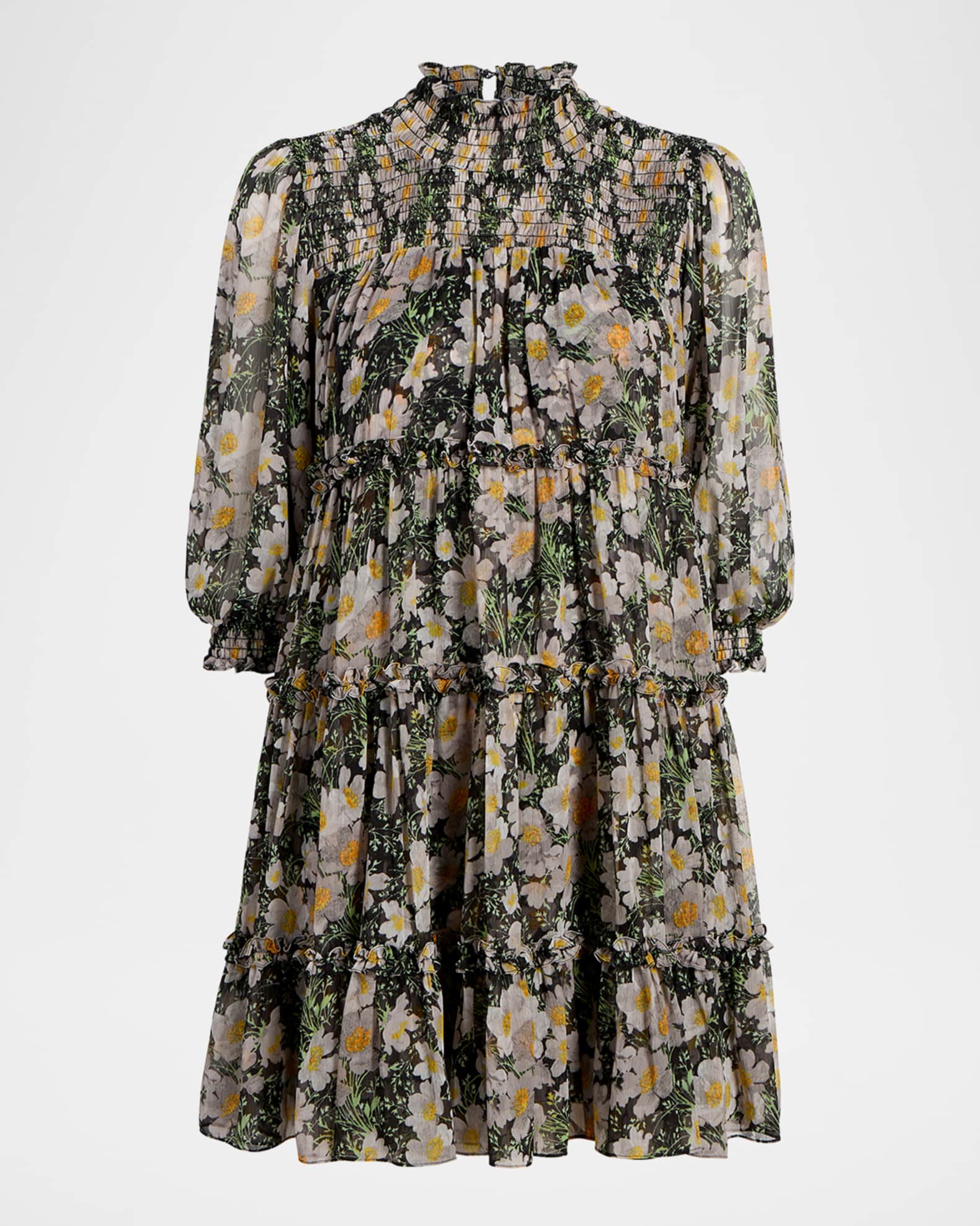 Olive Smocked Cosmo-Flower Mini Dress 0