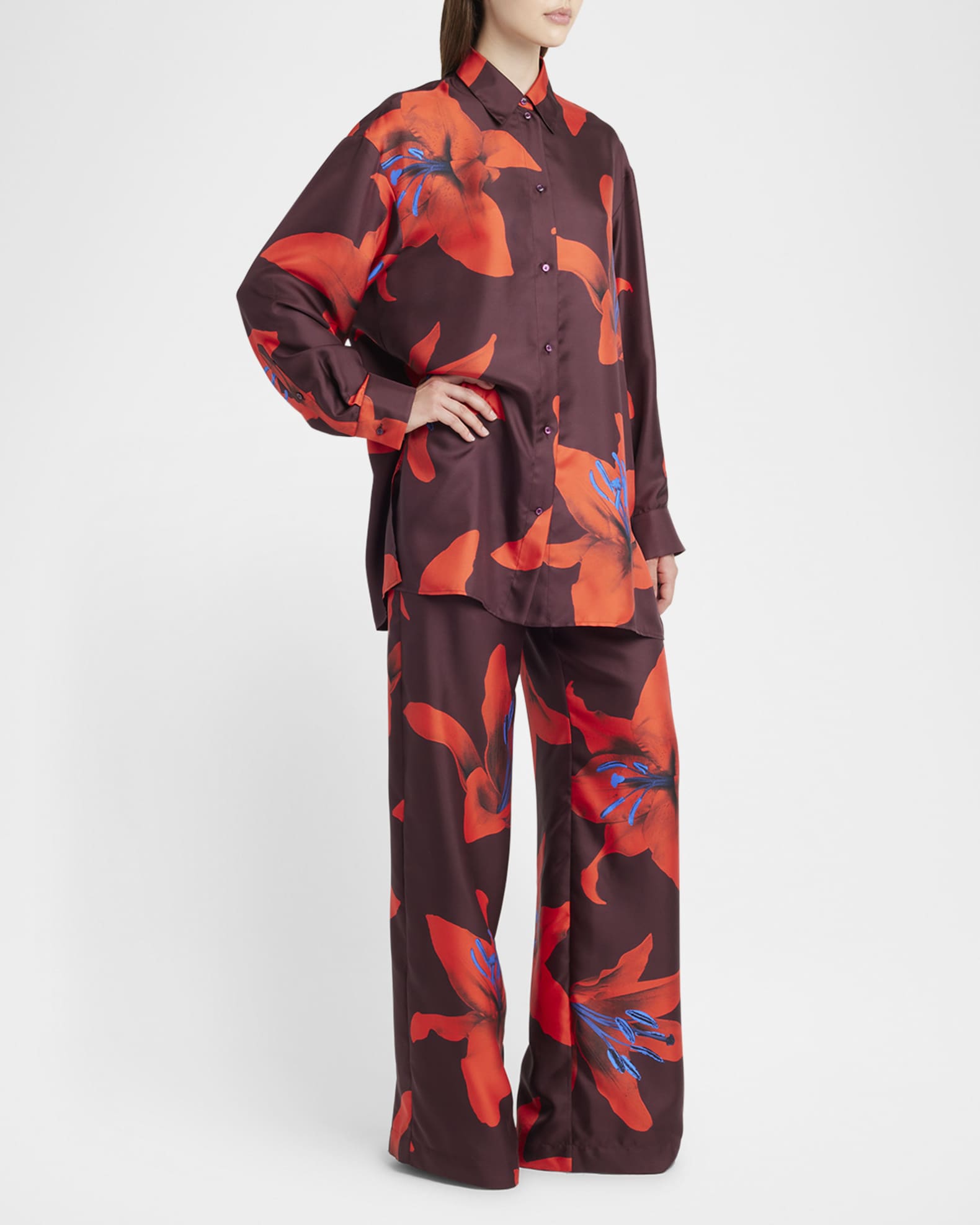 Long-Sleeve Lily-Print Silk Button-Down Shirt 1