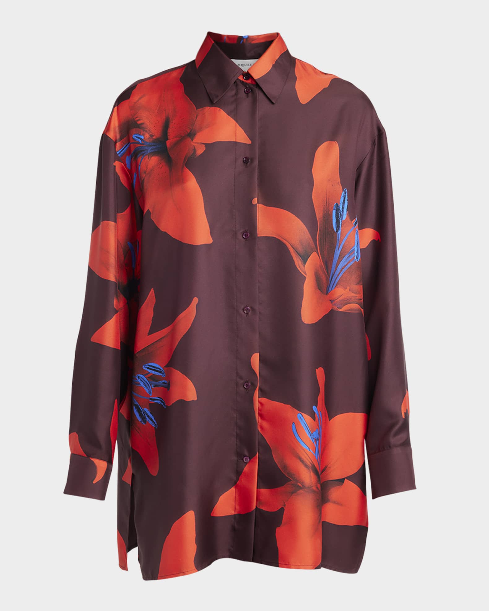 Long-Sleeve Lily-Print Silk Button-Down Shirt 0