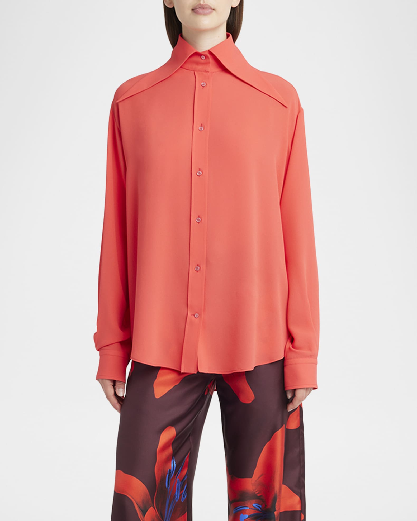 McQueen Exaggerated Collar Semi Sheer Button-Down Blouse
