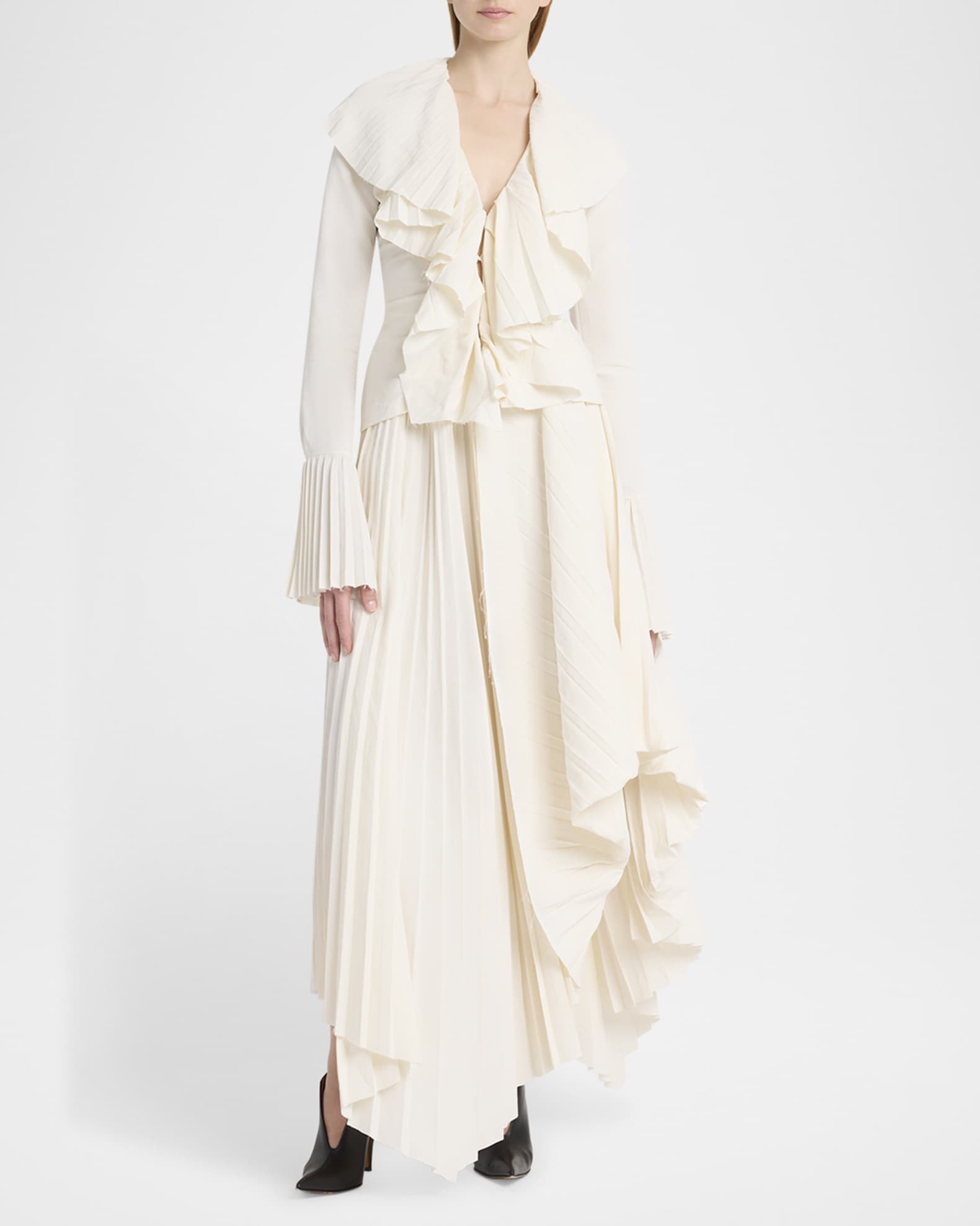 Long-Sleeve V-Neck Pleated Ruffle Blouse 1
