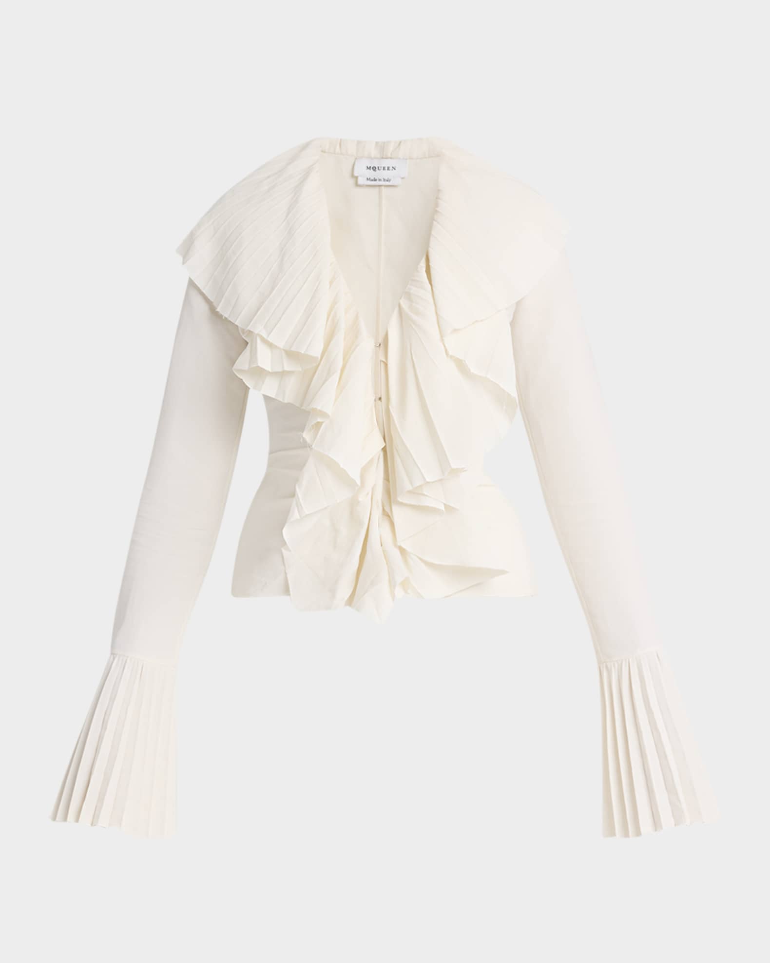 Long-Sleeve V-Neck Pleated Ruffle Blouse 0