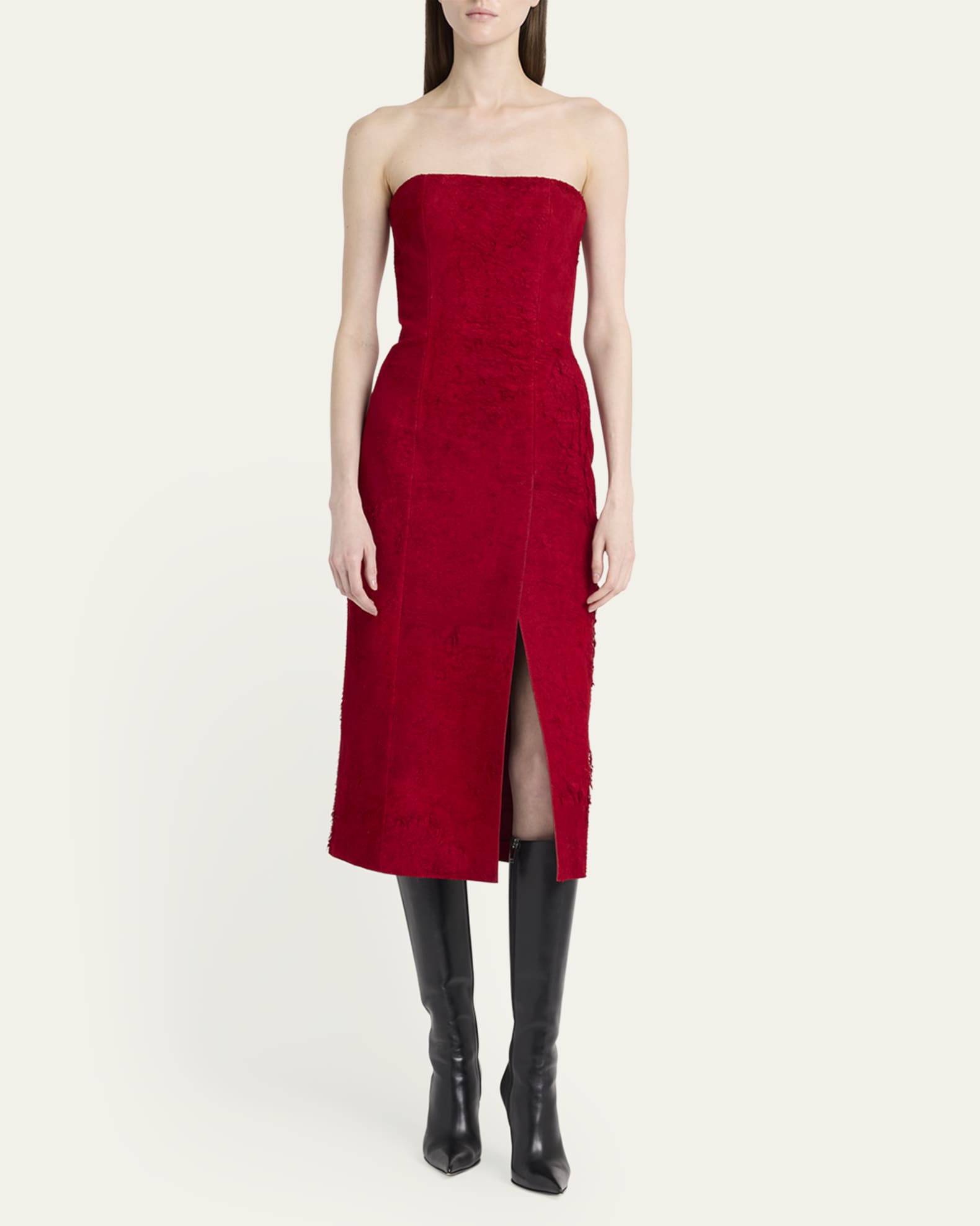 Strapless Textured Suede Slit Midi Dress 1