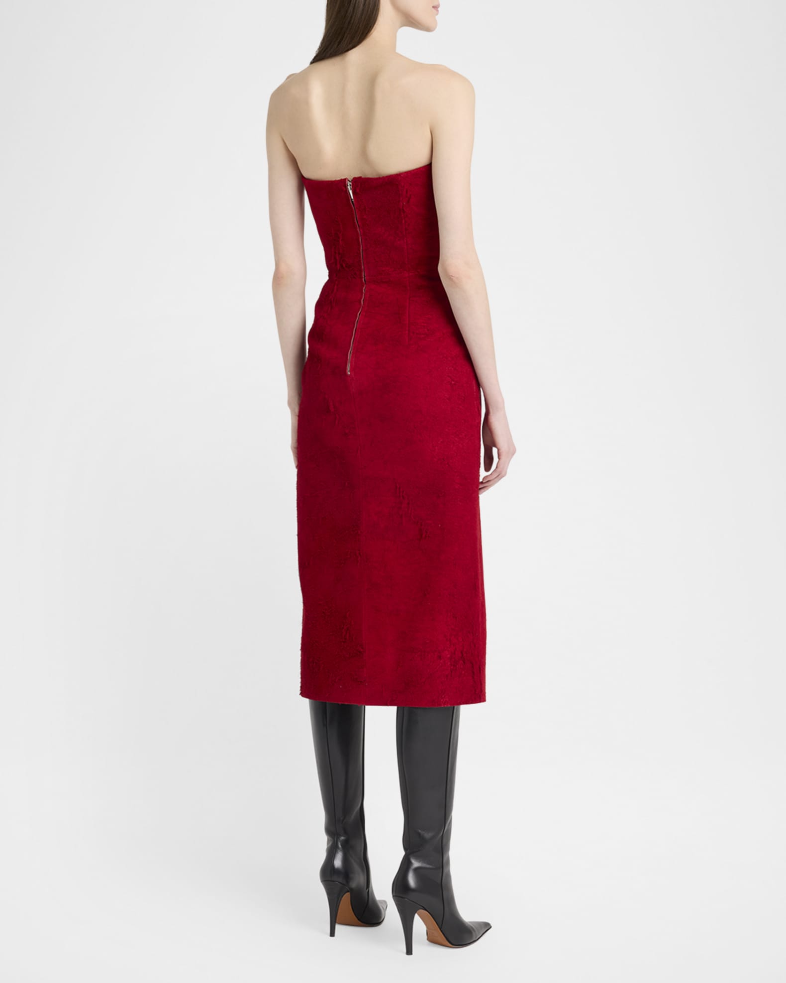 Strapless Textured Suede Slit Midi Dress