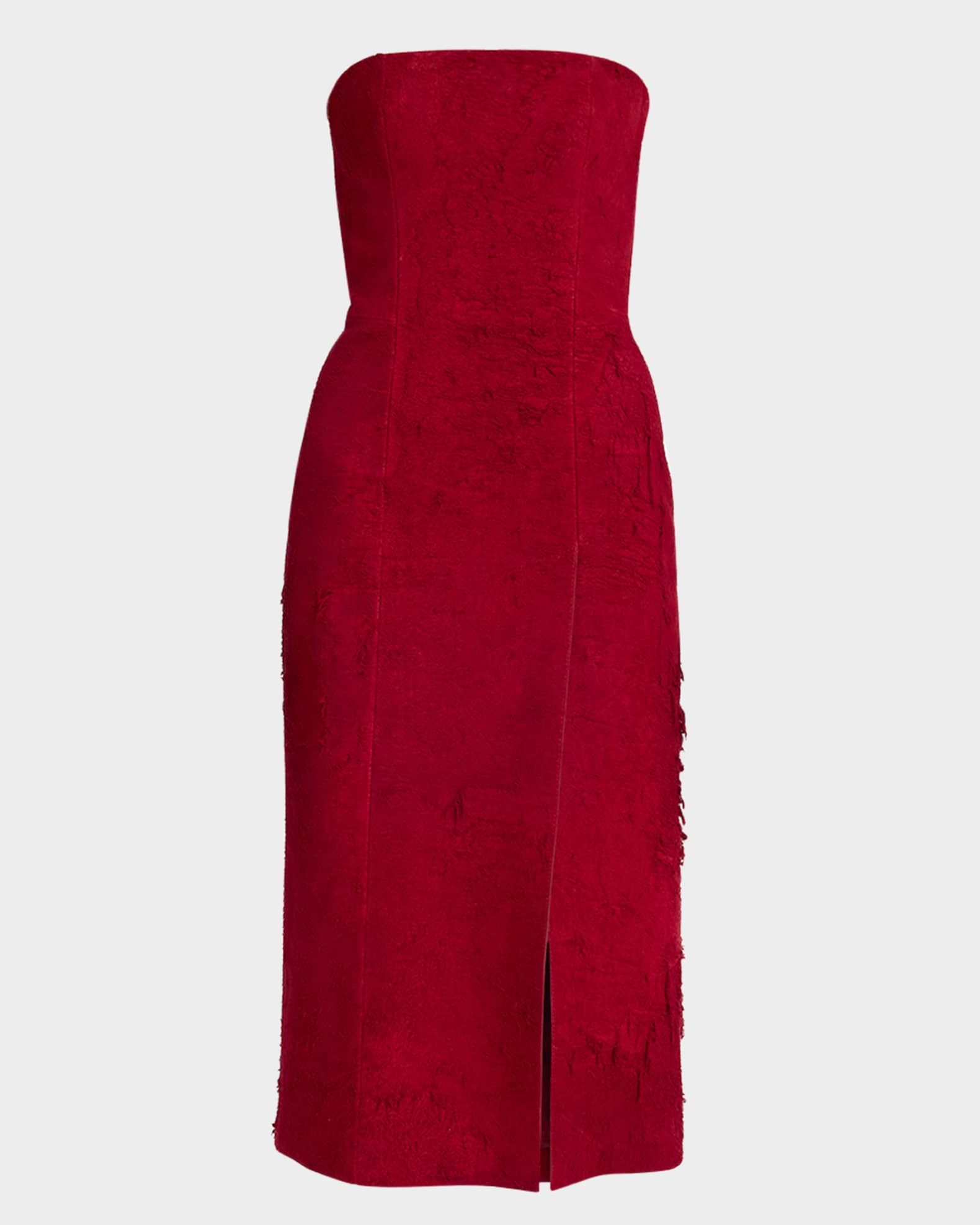 Strapless Textured Suede Slit Midi Dress 0
