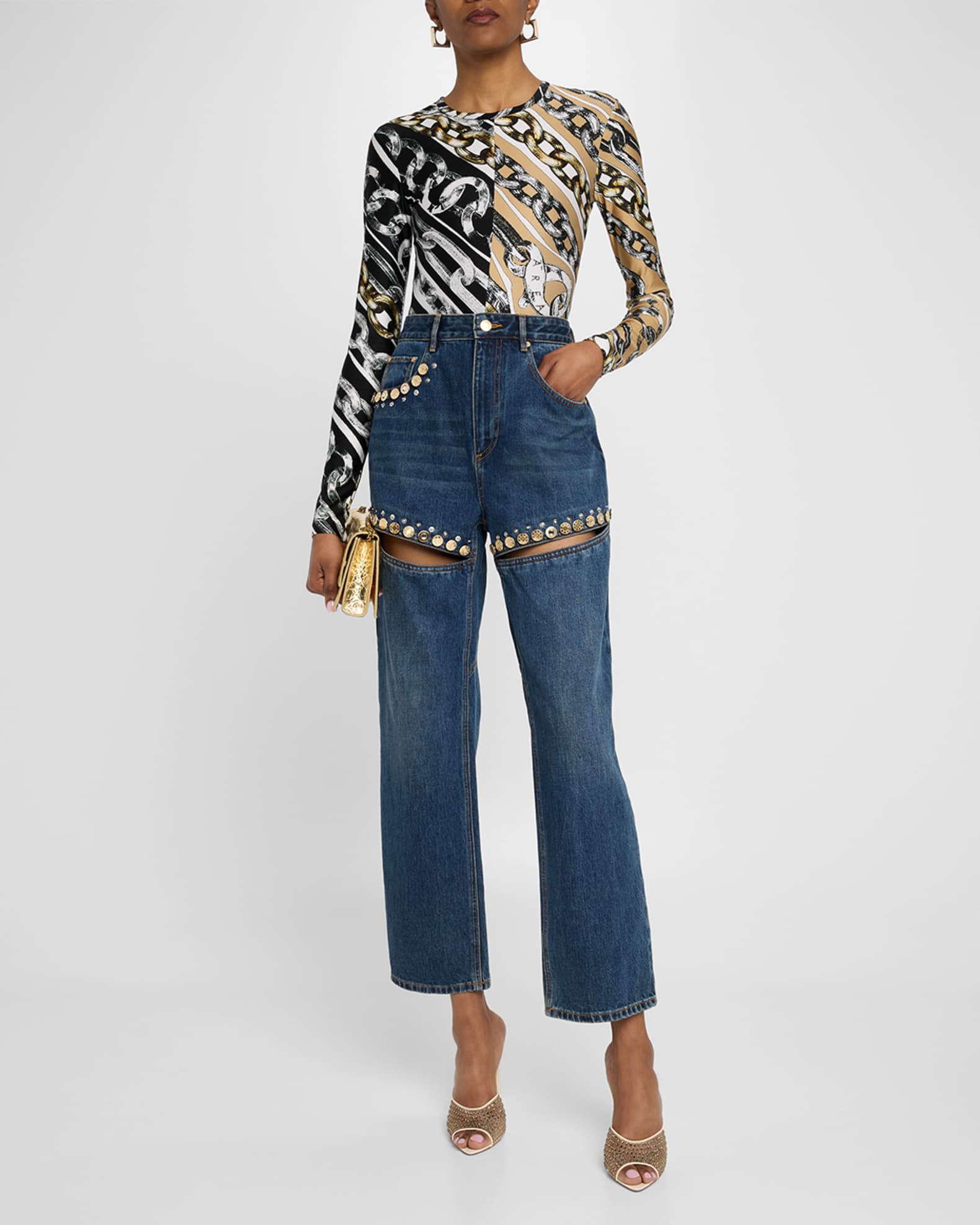 Crystal Button Studded Slit Straight-Leg Jeans 1