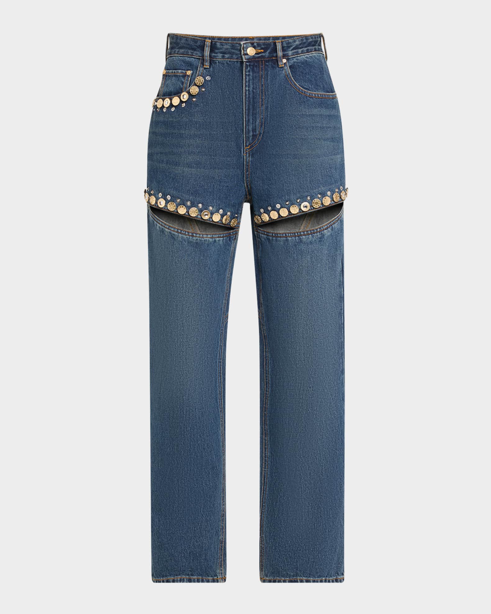 Crystal Button Studded Slit Straight-Leg Jeans 0