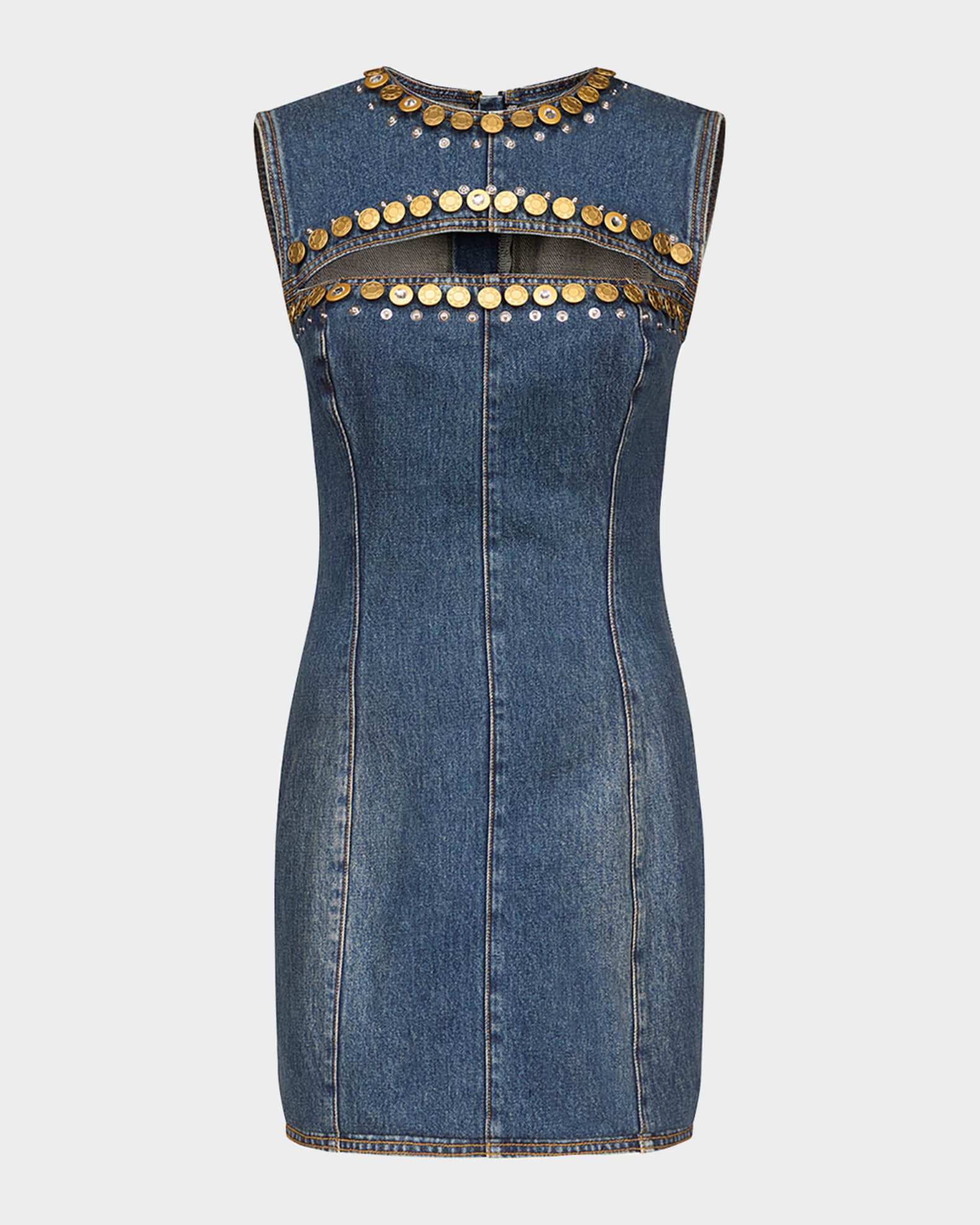 Crystal Button Studded Slit Denim Mini Dress 0