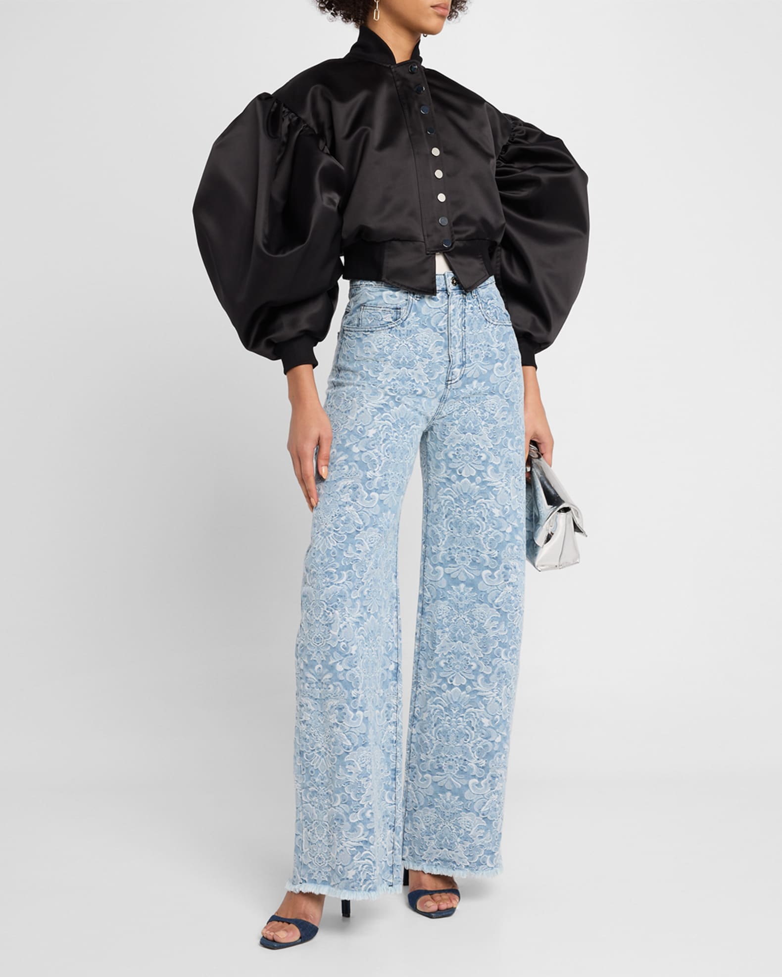 Puff-Sleeve Duchesse Satin Bomber Jacket 1