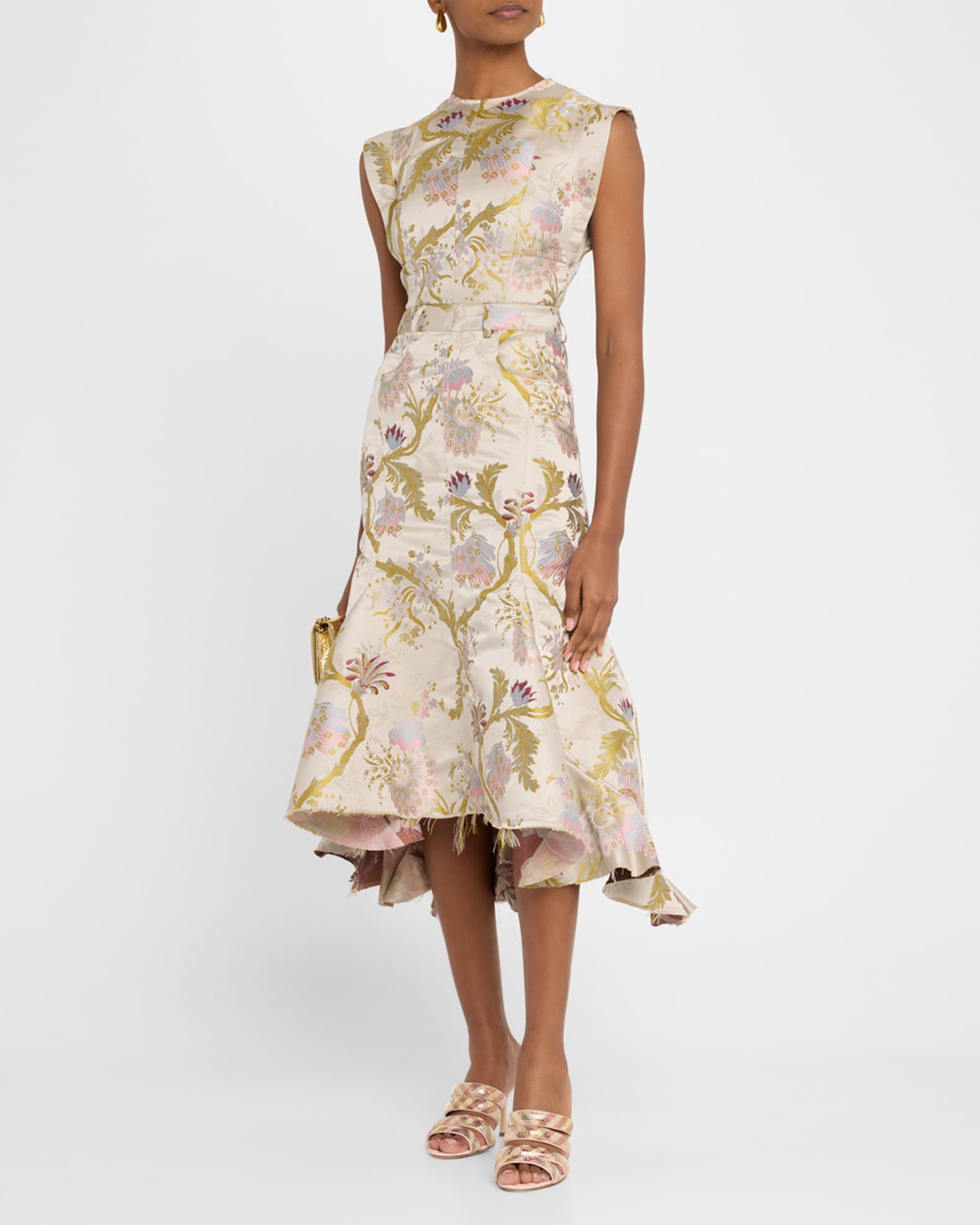 Sleeveless Satin Brocade Midi Dress - Thumbnail 2