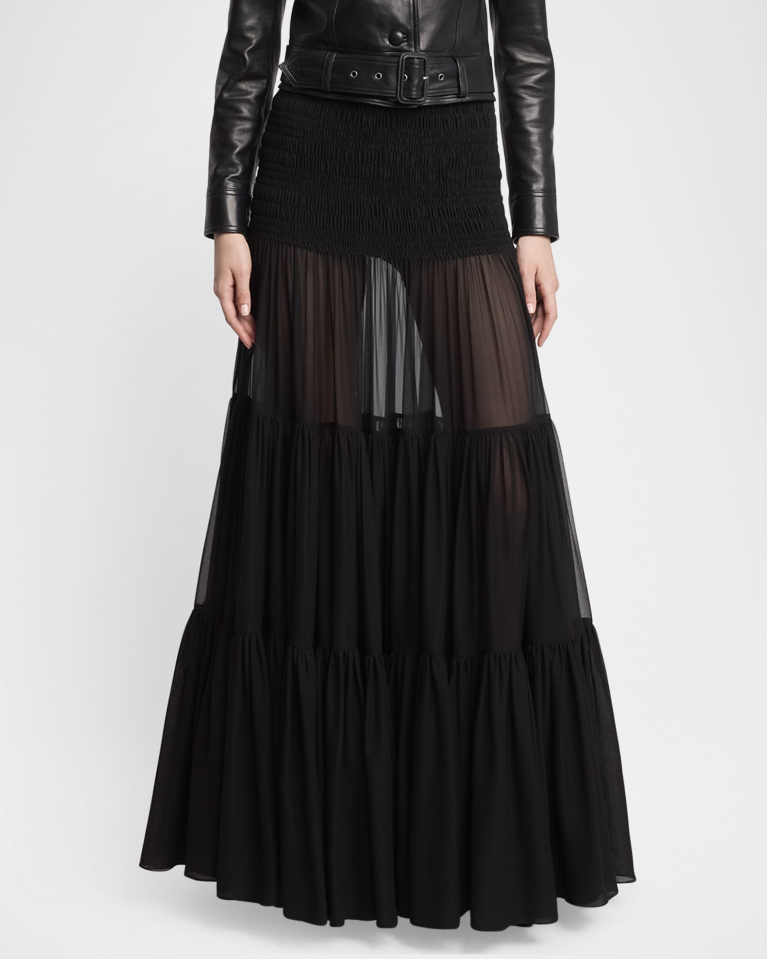 Saint Laurent Tiered Sheer Silk Maxi Skirt | Neiman Marcus