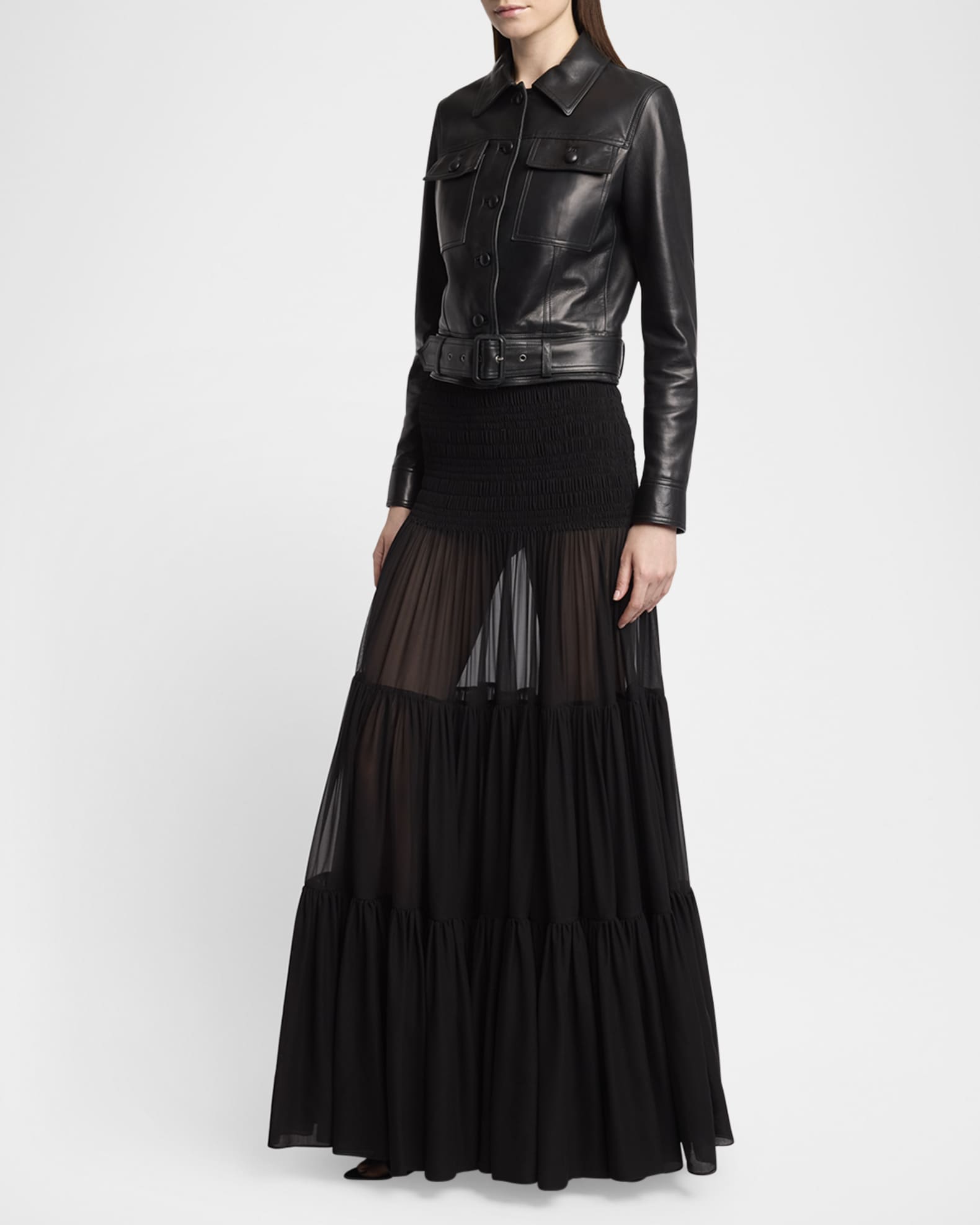 高品質の激安 Tiered Laurent Saint Sheer Marcus Neiman | Skirt Maxi Silk 小物