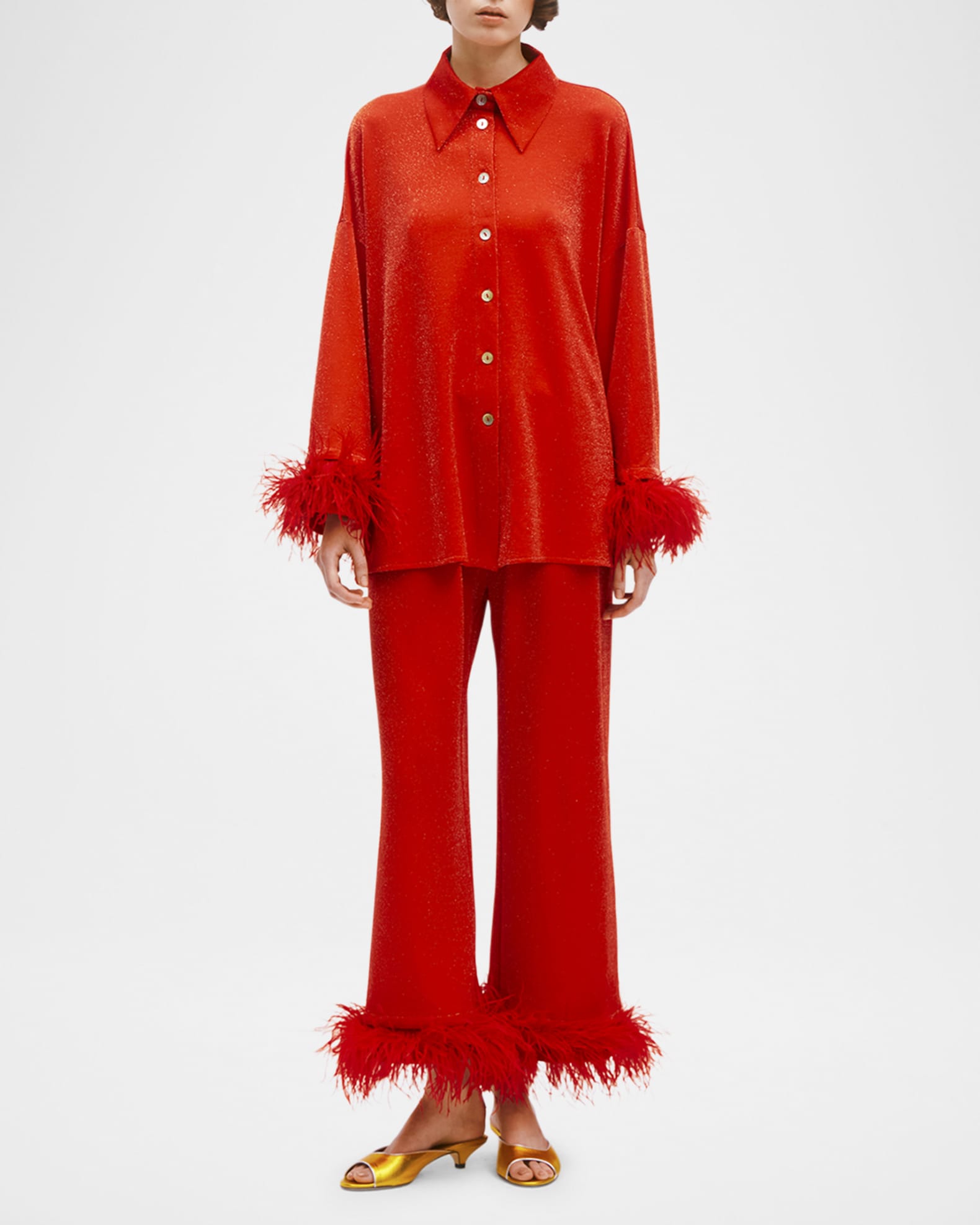 Cosmos Cropped Feather-Trim Metallic Pajama Set 1