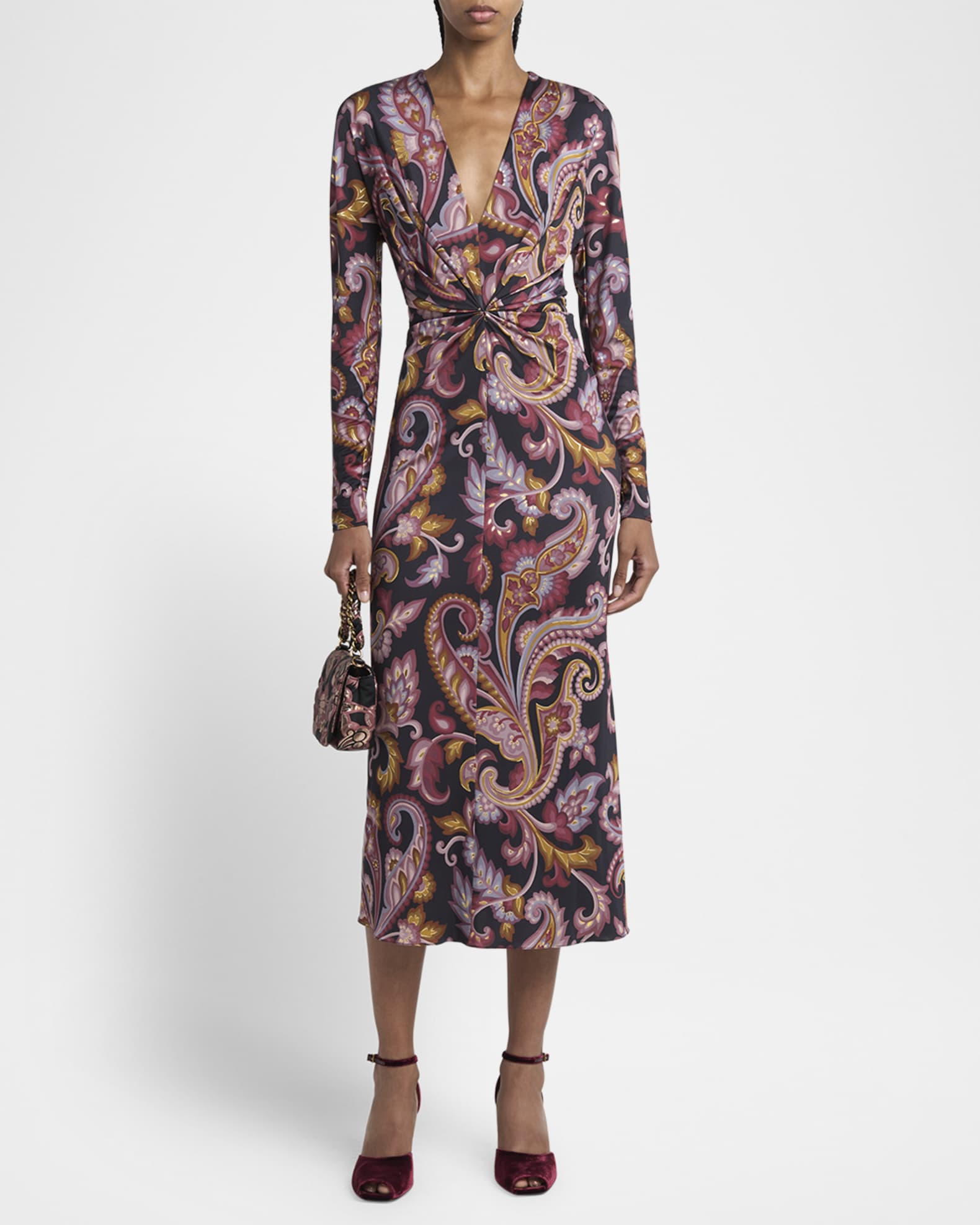 Metallic Paisley-Print Jersey Twisted Midi Dress 1