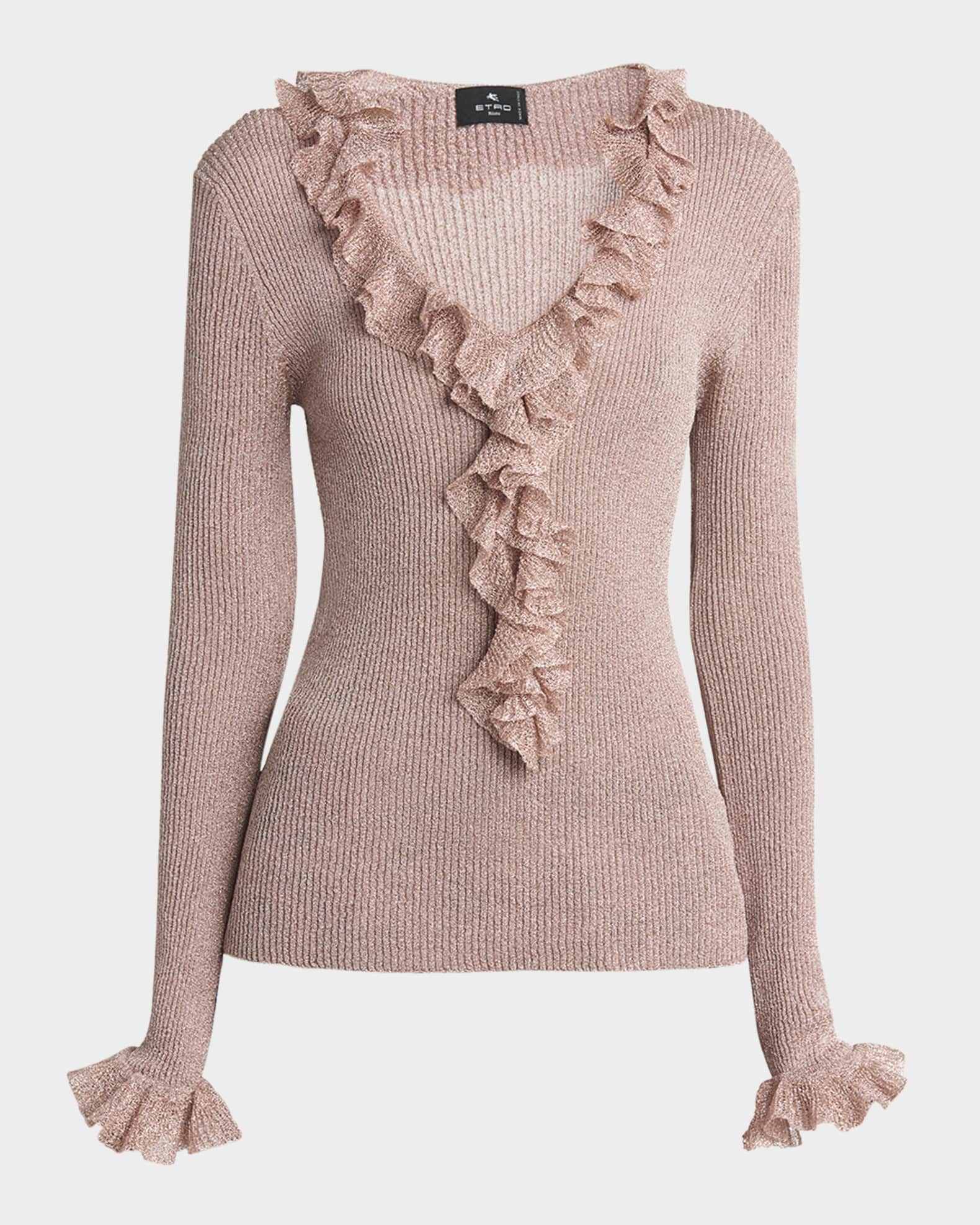 Metallic Rib Ruffle V-Neck Sweater 0
