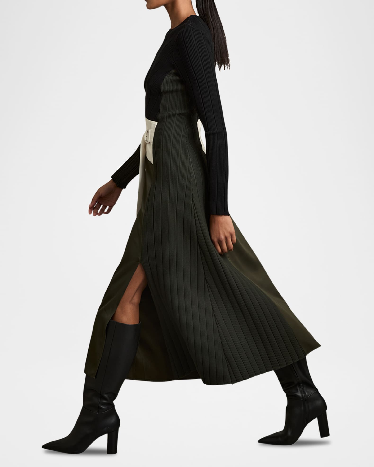 【海外限定】REISSワンピース☆Emilina Rib-Knit Panelled Belte Reiss Rib-Knit Panelled Belted Midi Dress in Khaki/Black - REISS