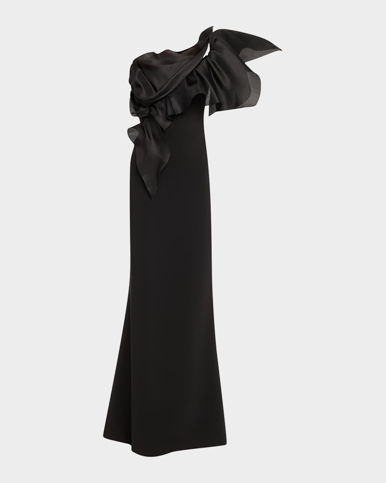 One-Shoulder Ruffle Stretch Crepe Gown 0