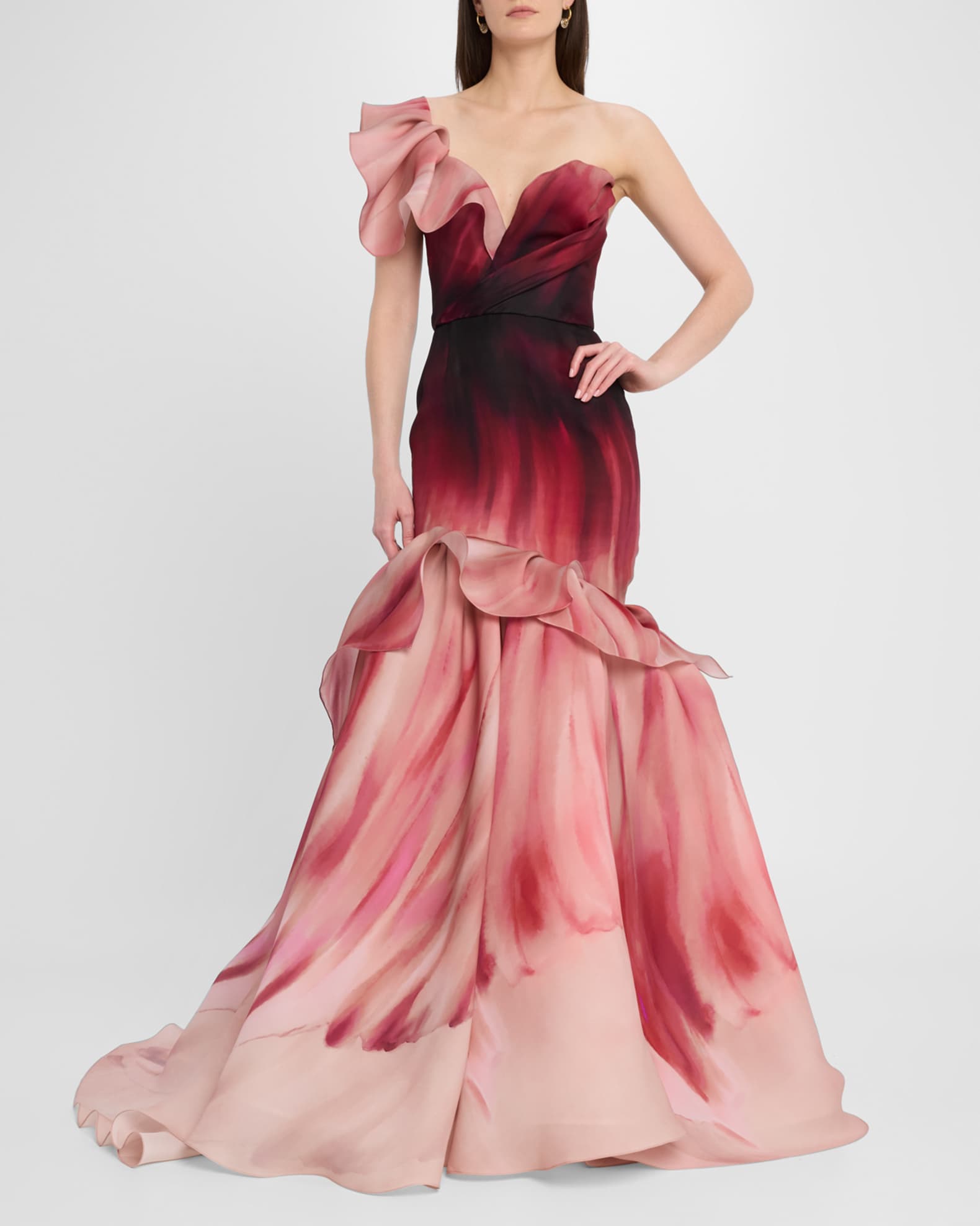 Hand-Painted Floral One-Shoulder Mermaid Gown 1