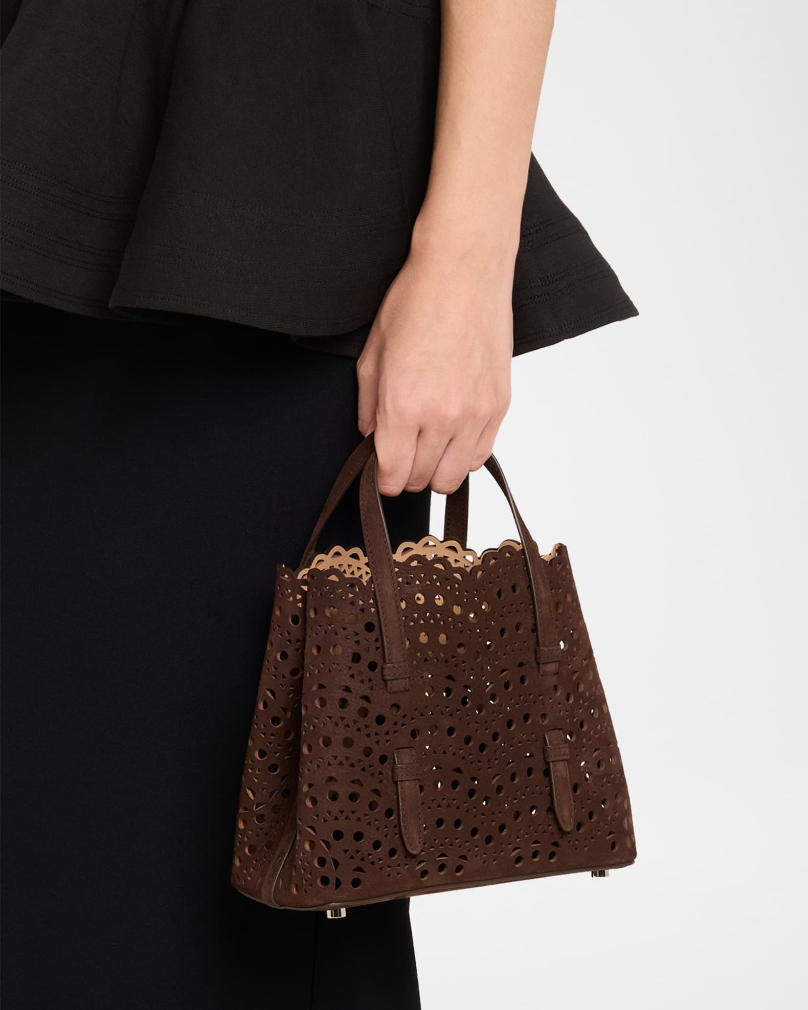 ALAIA Mina 20 Top-Handle Bag in Perforated Suede | Neiman Marcus