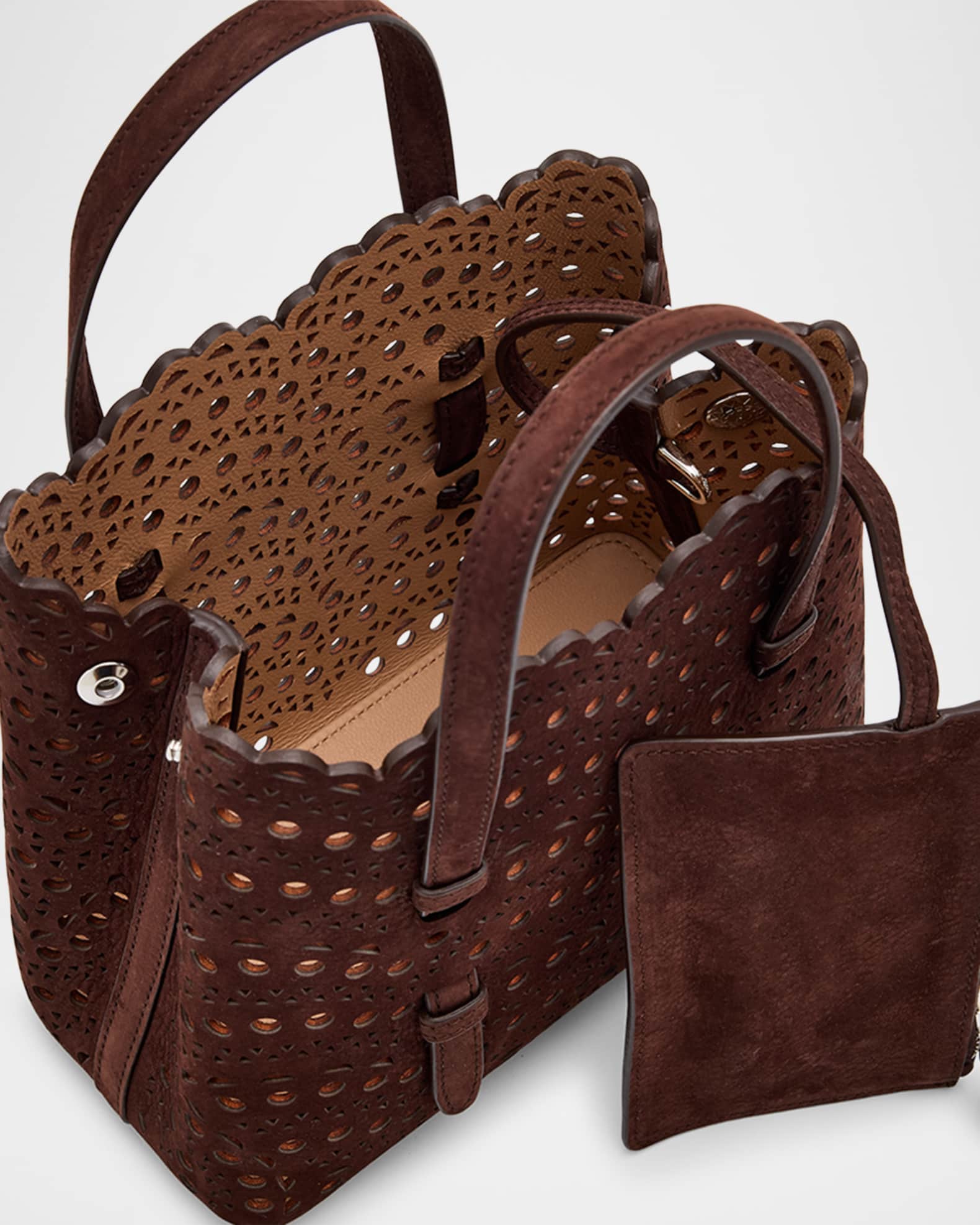 ALAIA Mina 20 Top-Handle Bag in Perforated Suede | Neiman Marcus