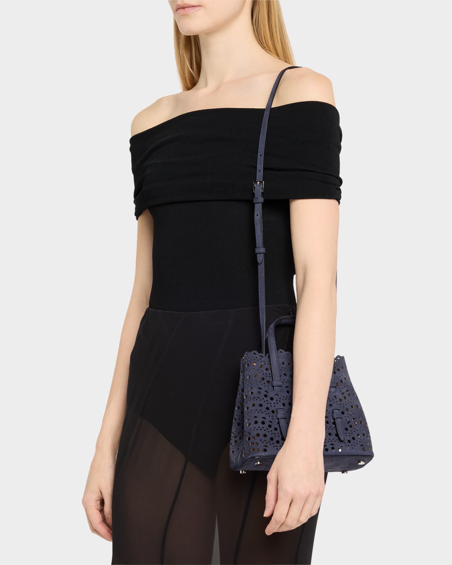 Mina 20 Top-Handle Bag in Perforated Suede  1