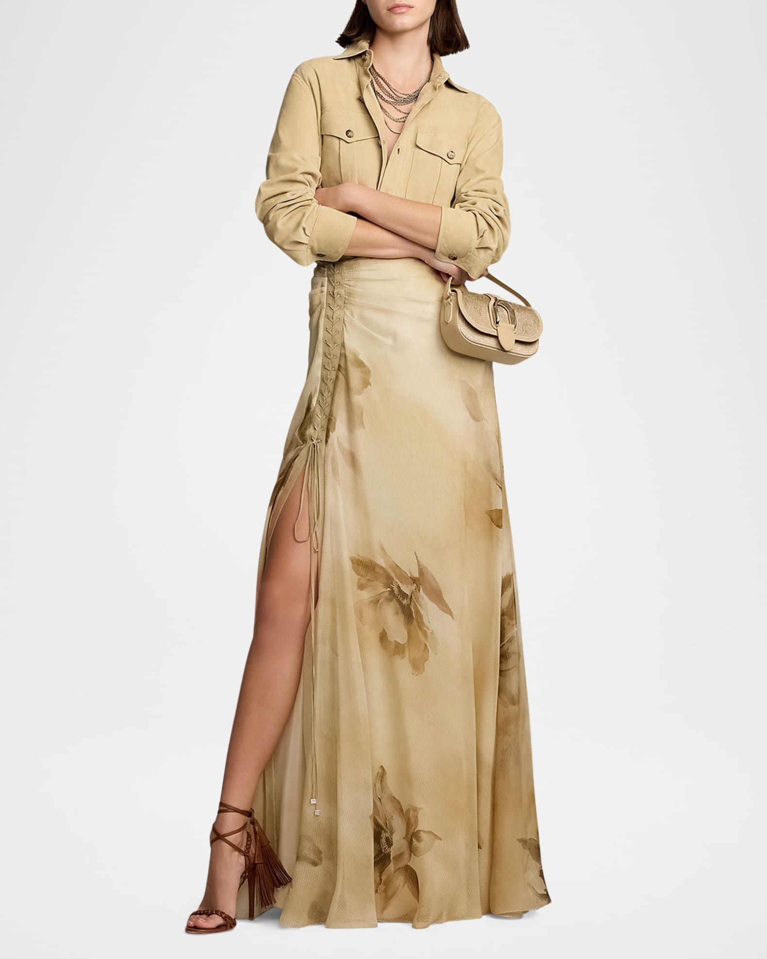 Ralph Lauren Women s Odera Floral Silk Gauze Maxiskirt Size 10 in Tan Multi