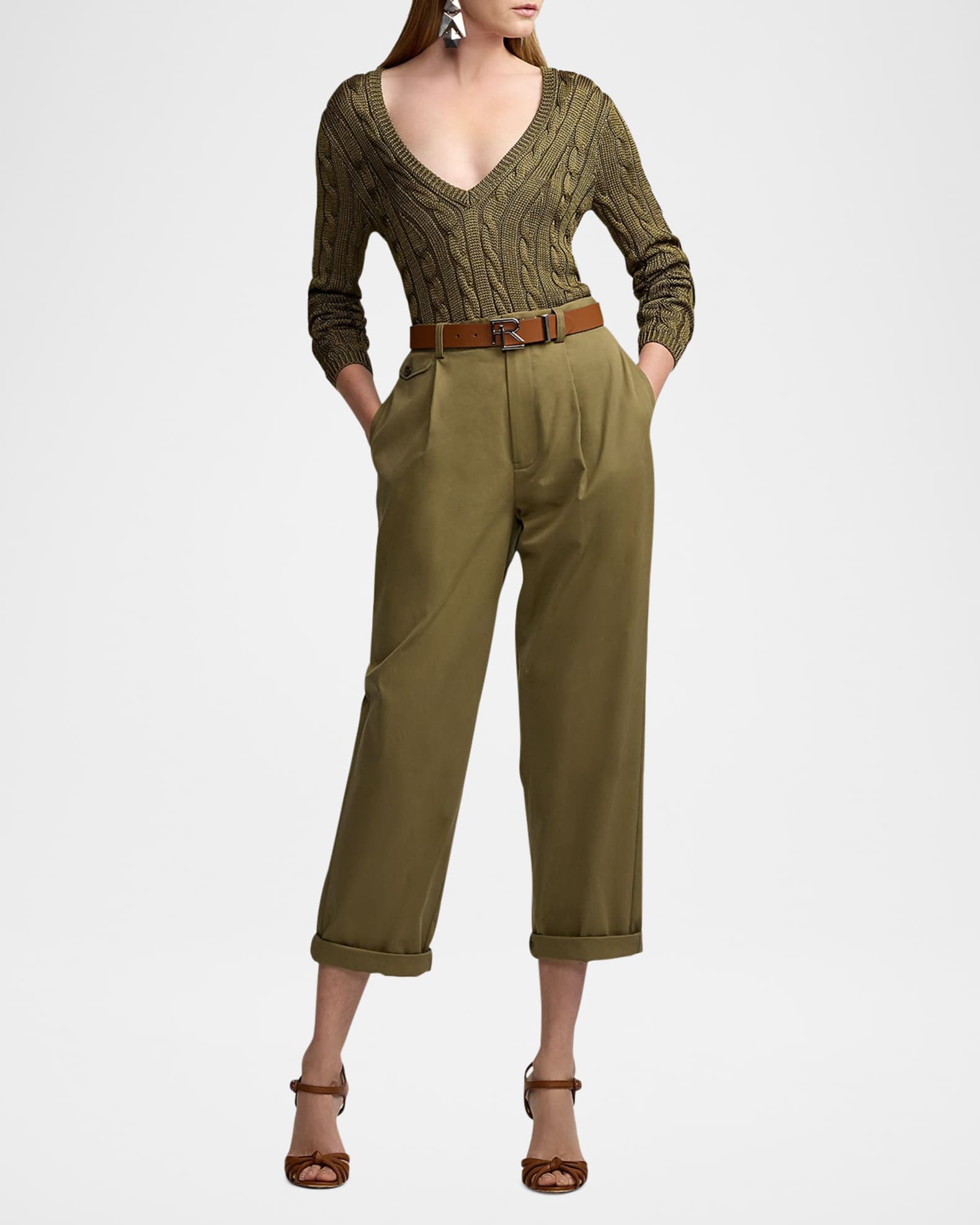 Ralph Lauren Collection Cable-Knit Silk V-Neck Sweater, Green, Women's, L, Sweaters Cable-Knit Sweaters