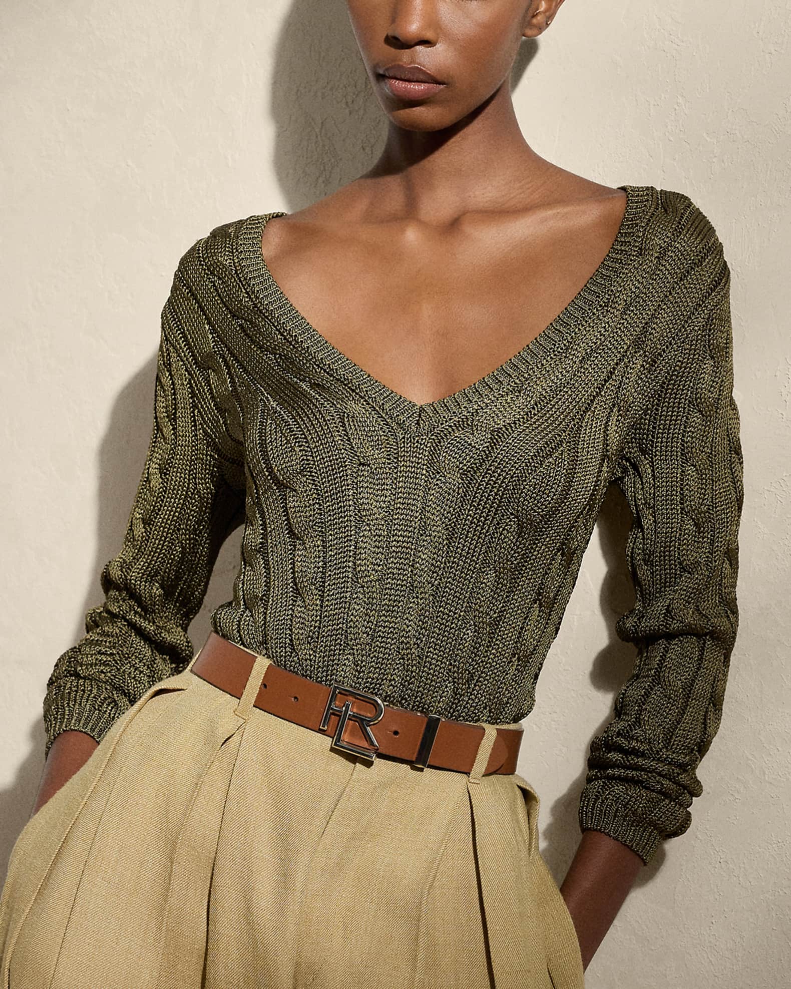 Ralph Lauren Collection Cable-Knit Silk V-Neck Sweater