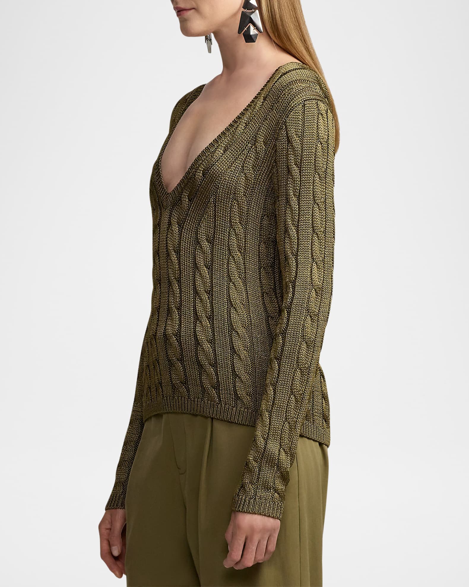 Ralph Lauren Collection Cable-Knit Silk V-Neck Sweater