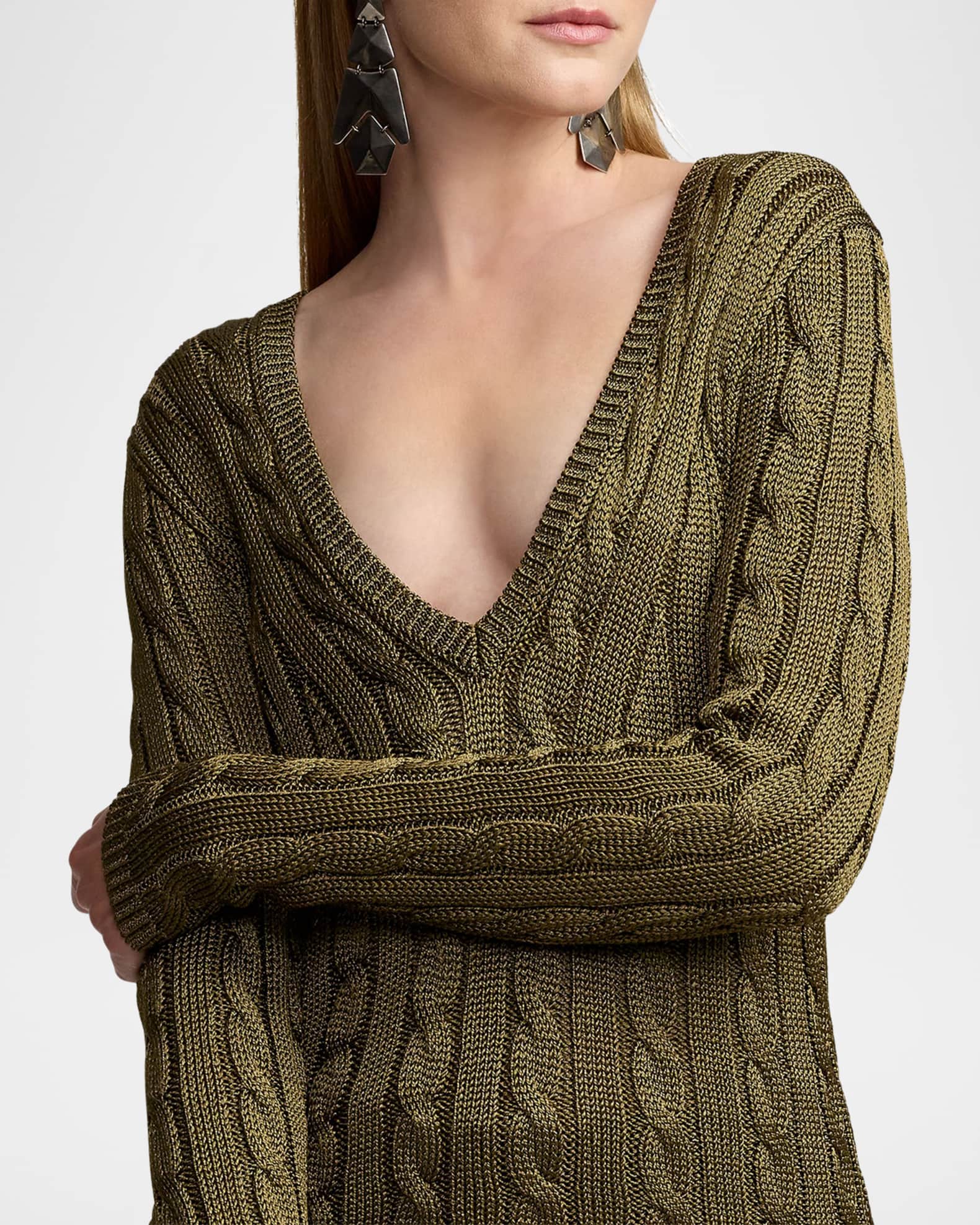 Ralph Lauren Collection Cable-Knit Silk V-Neck Sweater
