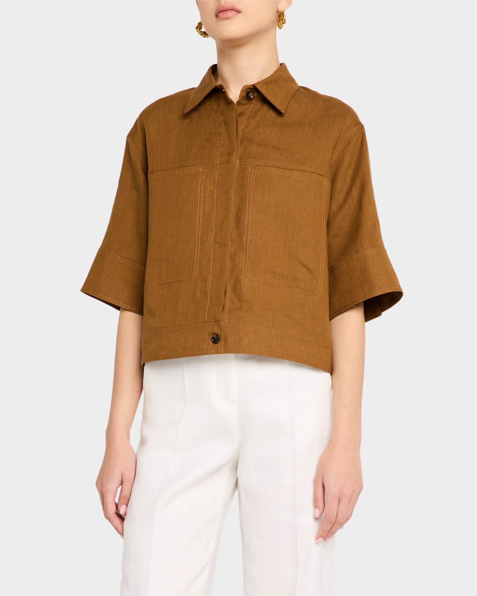 25SS new/Max Mara リト半袖シャツジャケット Jacket Brown Max Mara Rito Short-Sleeve Shirt Jacket | Neiman Marcus