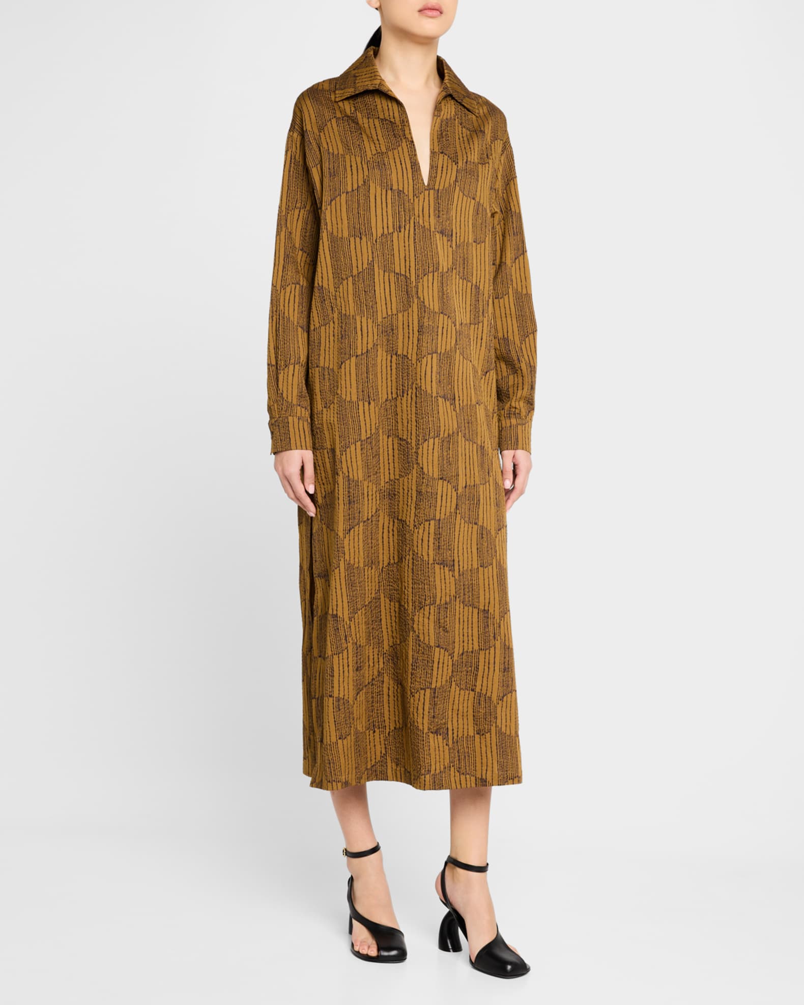 Edwige Wave Seersucker Long-Sleeve Maxi Shirtdress 1